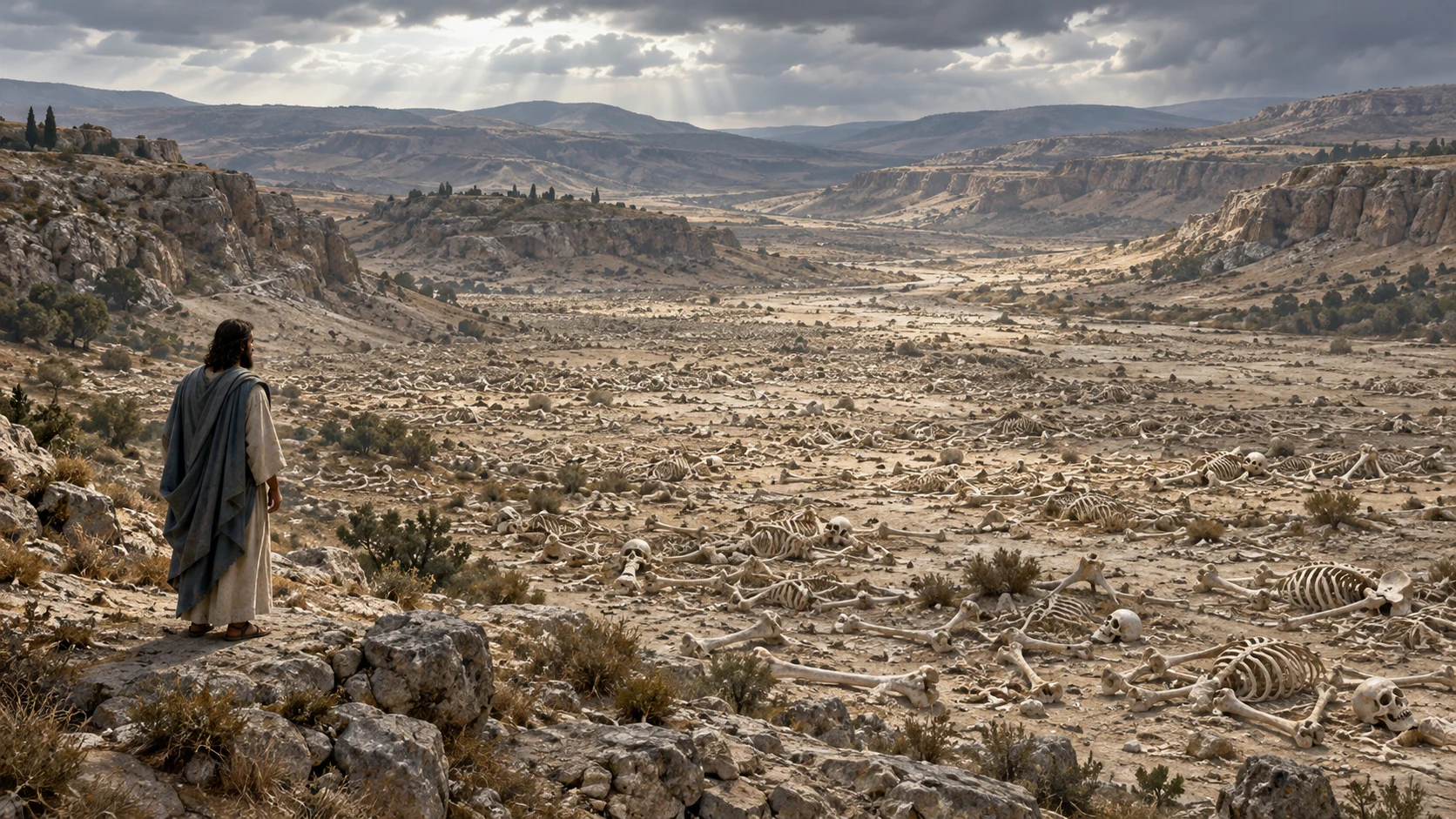 Ezekiel in his blue-gray mantle stands small at the edge of a broad ancient valley strewn with many dry, intact human bones. The Spirit transports him in vision but no bodily divine hand or ghost appears