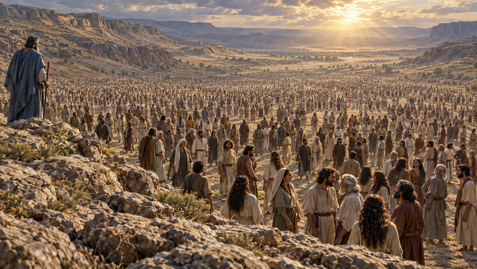 A great, diverse assembly of restored people stands upright across the valley, alive and unarmed; no weapons or conquest, though the verse calls them an army