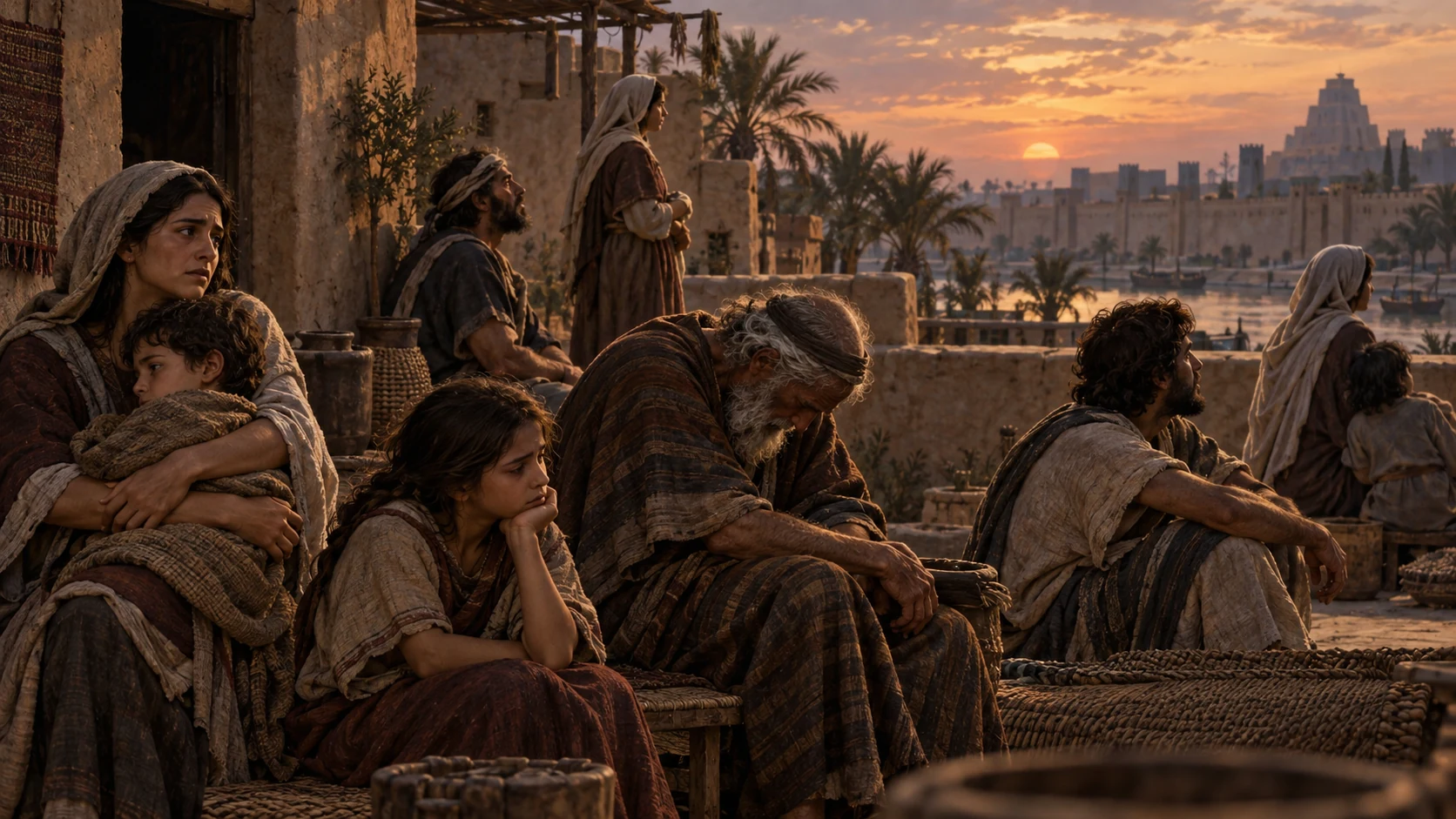 Exile families sit in a modest Babylonian courtyard with visible sorrow and isolation; bones are explained as a vision of Israel, not literal identifiable remains