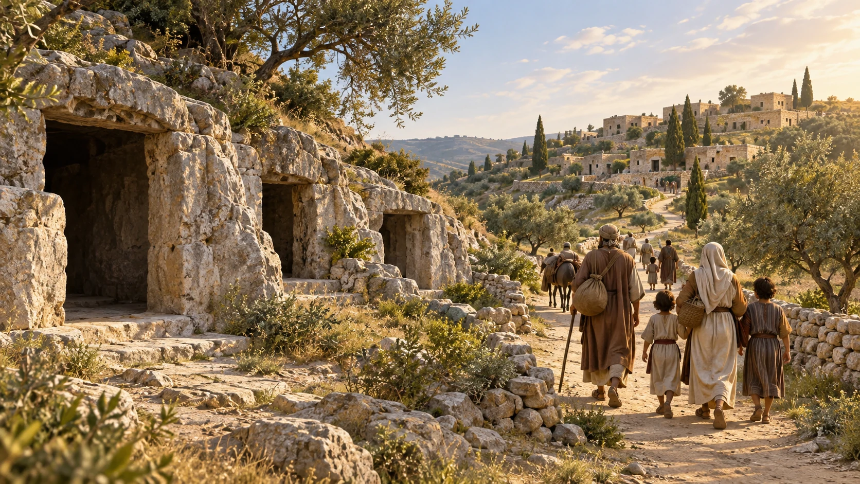 A wide symbolic landscape of ancient hillside tomb openings and a living return path toward Israel; no corpses, zombie scene or literalized horror
