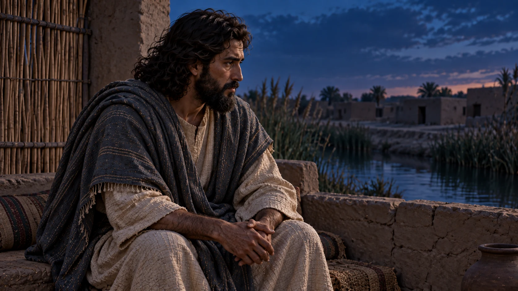 Ezekiel alone beside the exile canal receives another word in quiet attention; distinct close view of hands and mantle from prior valley imagery