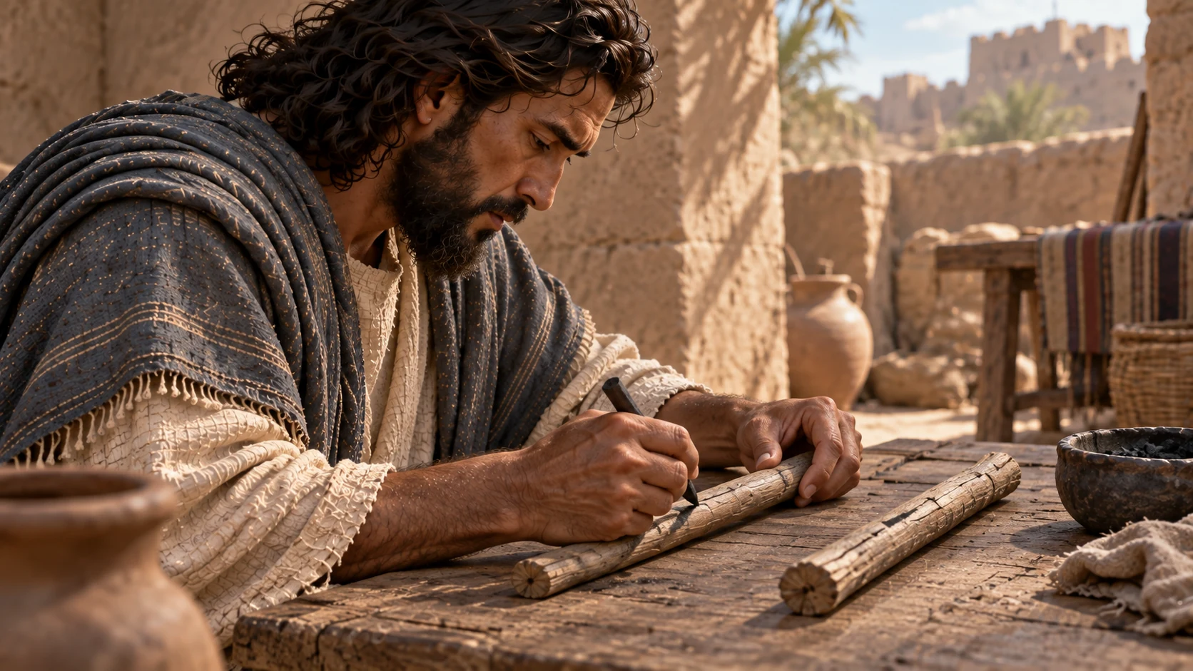 Close view of Ezekiel’s hands marking two separate plain wooden sticks with charcoal strokes, writing deliberately without legible generated letters; Scripture supplies the names