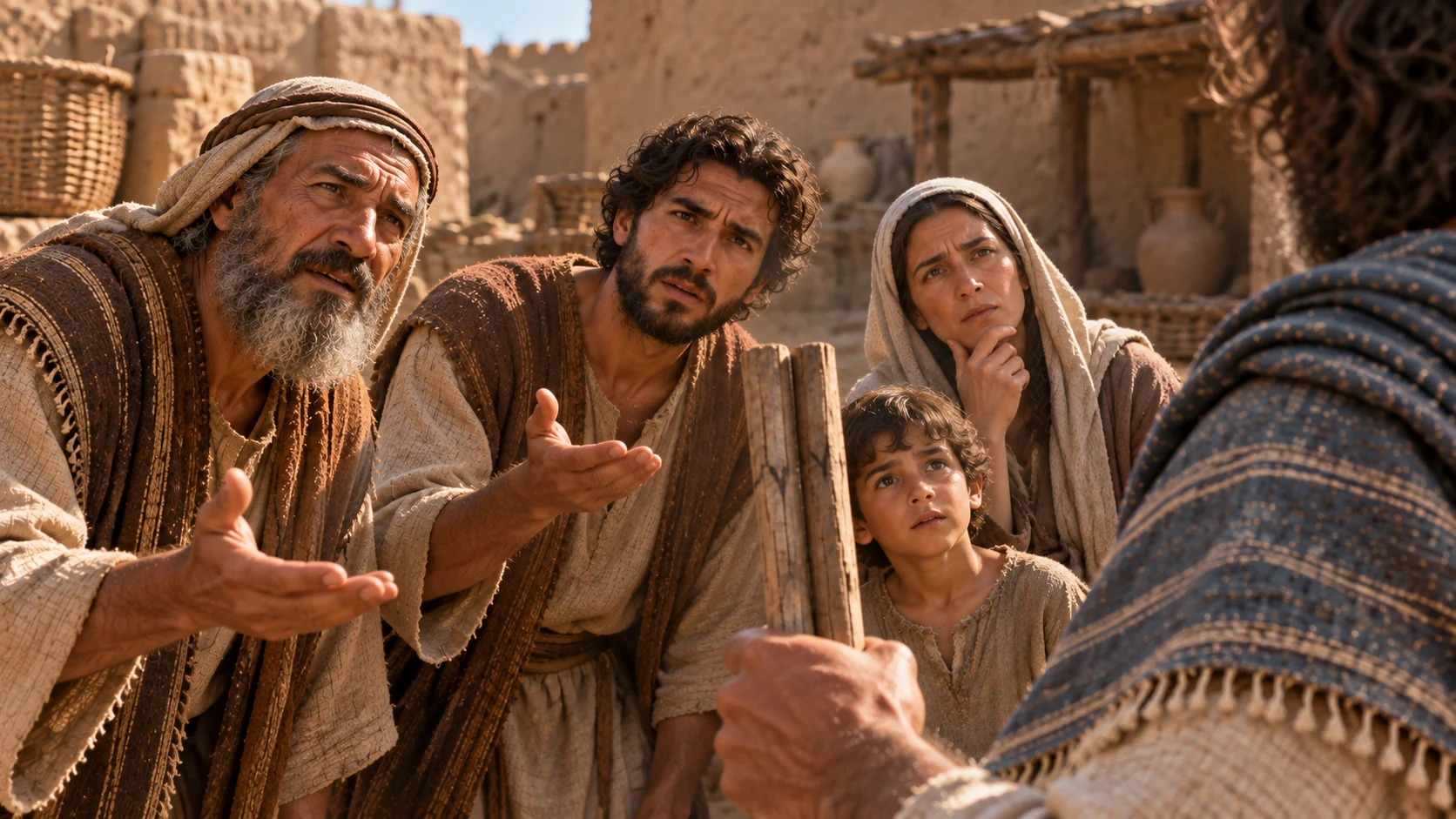 Several exile neighbors look at the two sticks in Ezekiel’s hand with genuine curiosity, no dialogue bubbles