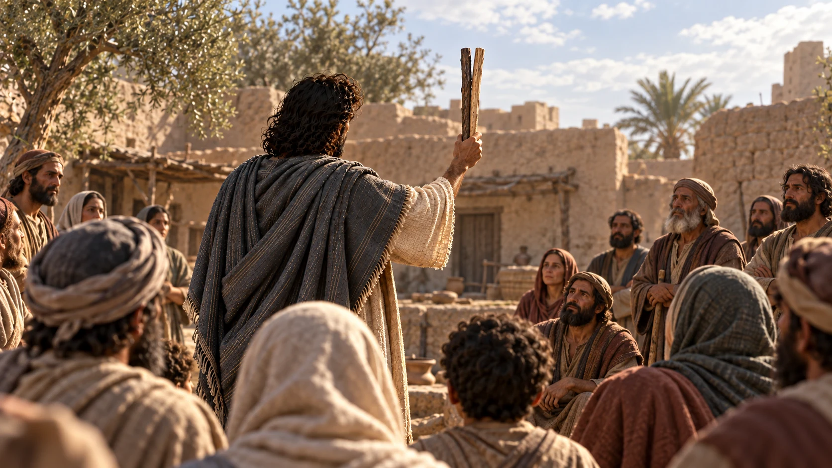 From behind Ezekiel’s hand holding the joined sticks, listeners attend as he explains unity; no visible divine hand