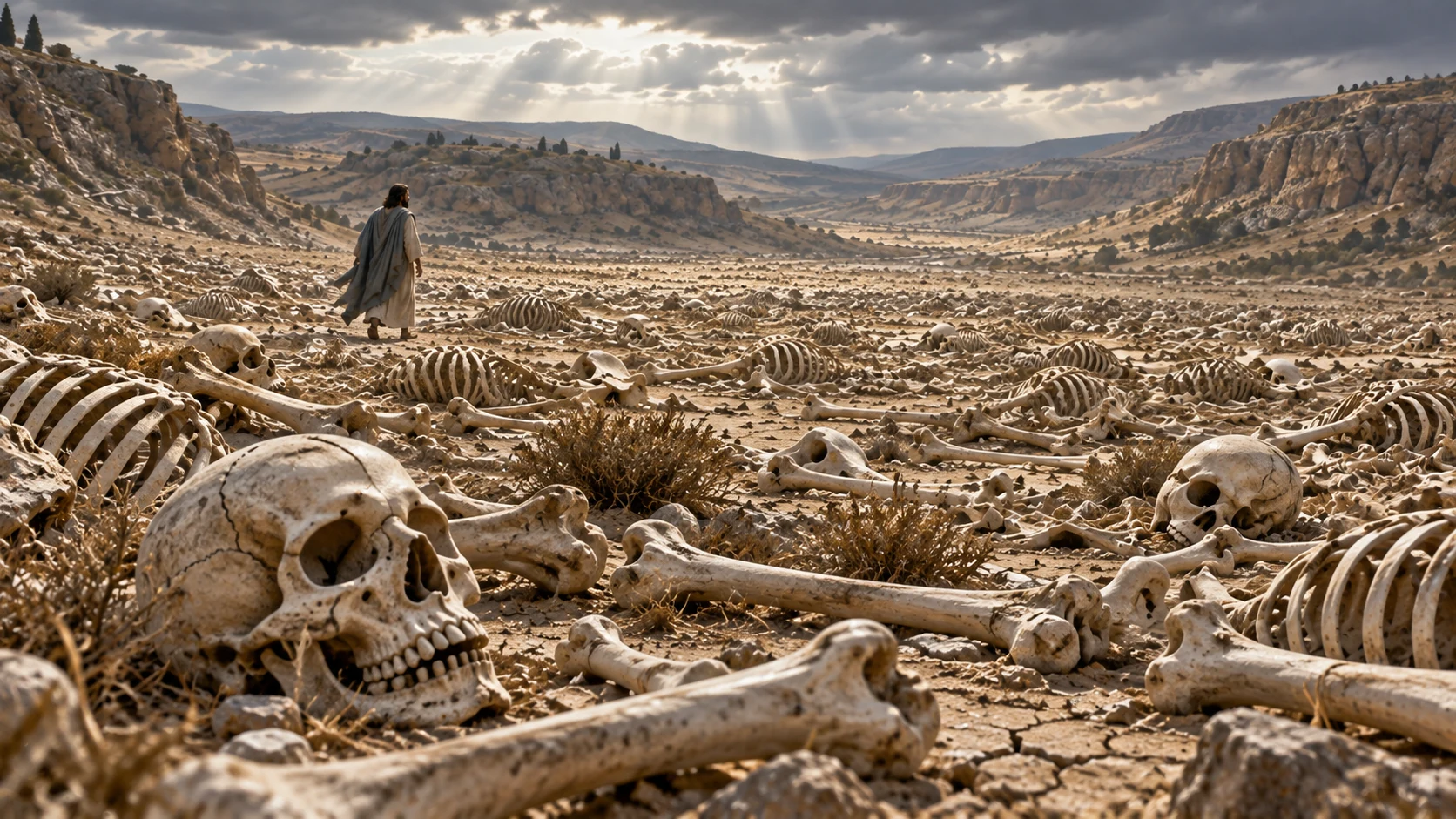 Ground-level tracking view past sun-whitened long bones across the valley to distant Ezekiel walking among them; no gore, flesh or victims