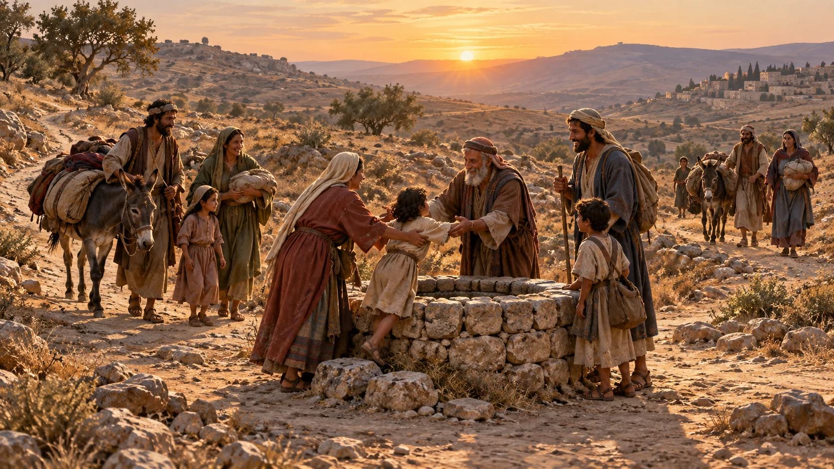 Multiple ordinary family groups approach a shared ancient Israelite highland road from different directions; no flags or modern national identities