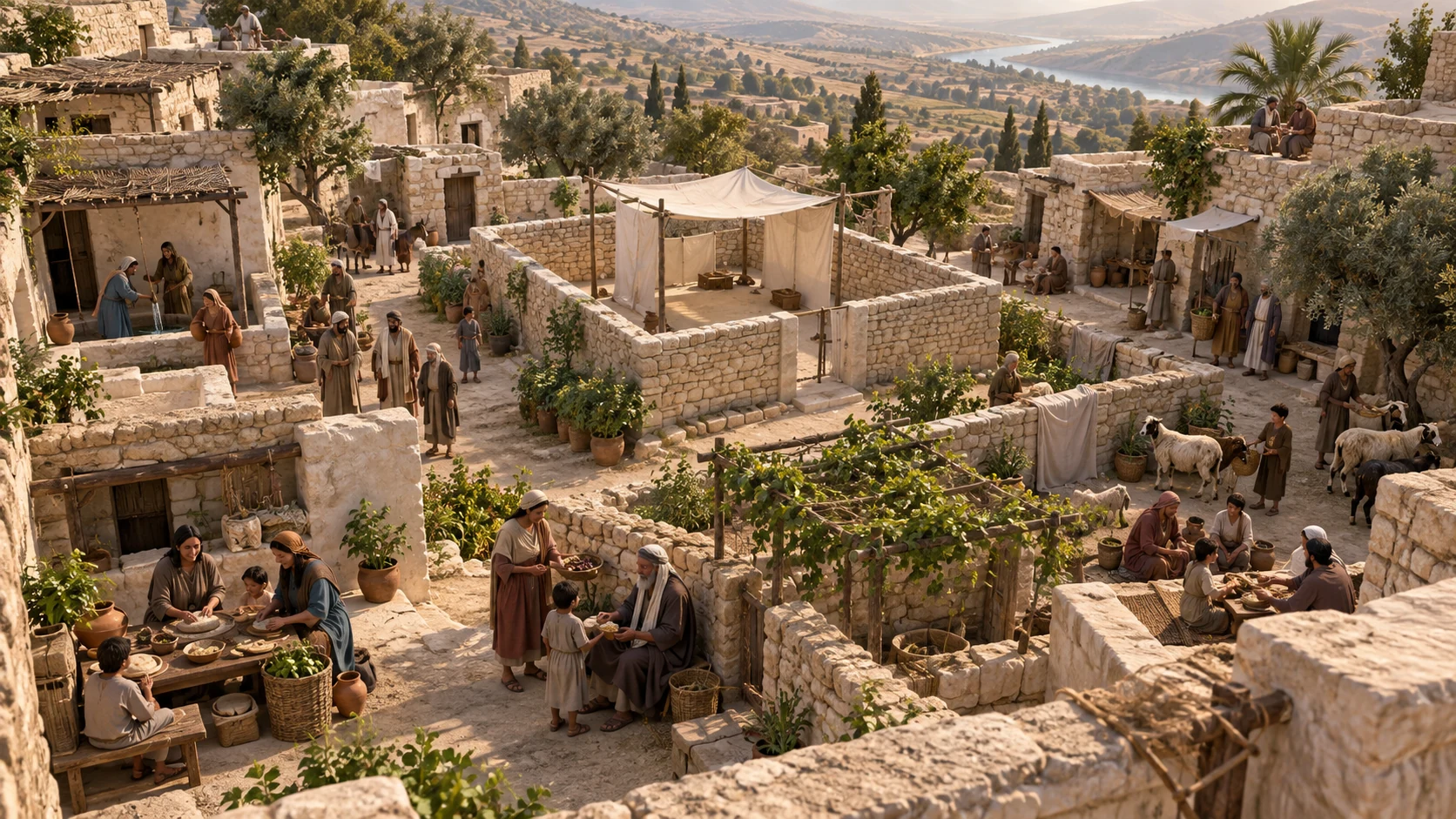 Families share peaceful communal life near a modest, undetermined sanctuary precinct, avoiding a historically specific Second Temple or giant fantasy architecture