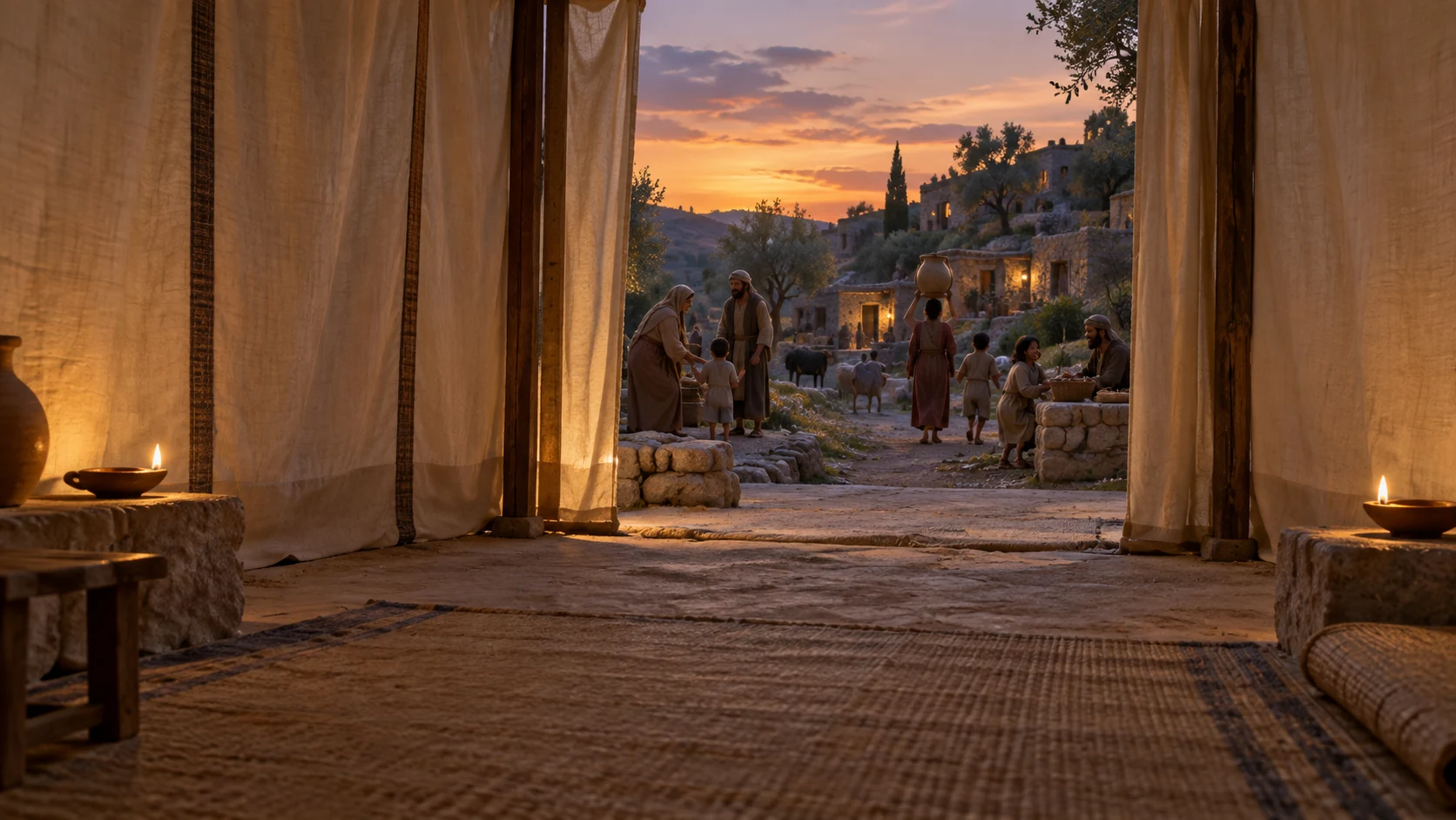 An unoccupied modest sanctuary precinct sits amid ordinary inhabited homes, with no embodied Yahweh, throne figure or cloud face