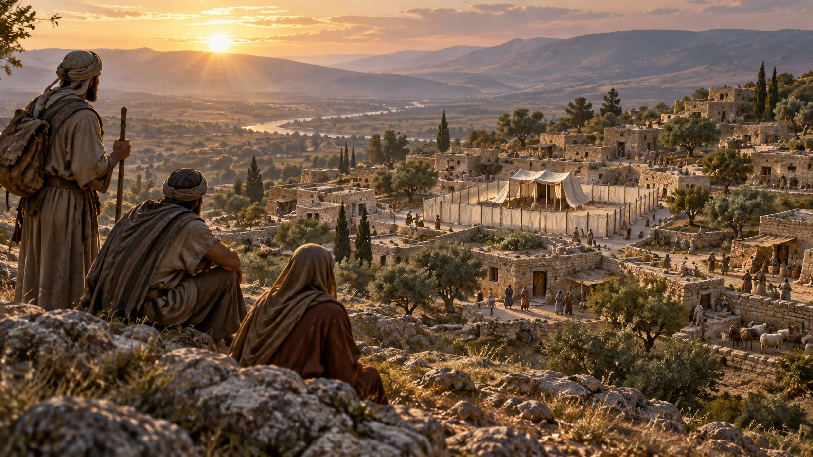 Distant anonymous travelers observe Israel’s peaceful community and sanctuary from a ridge; no flags or modern groups, no textual inscriptions