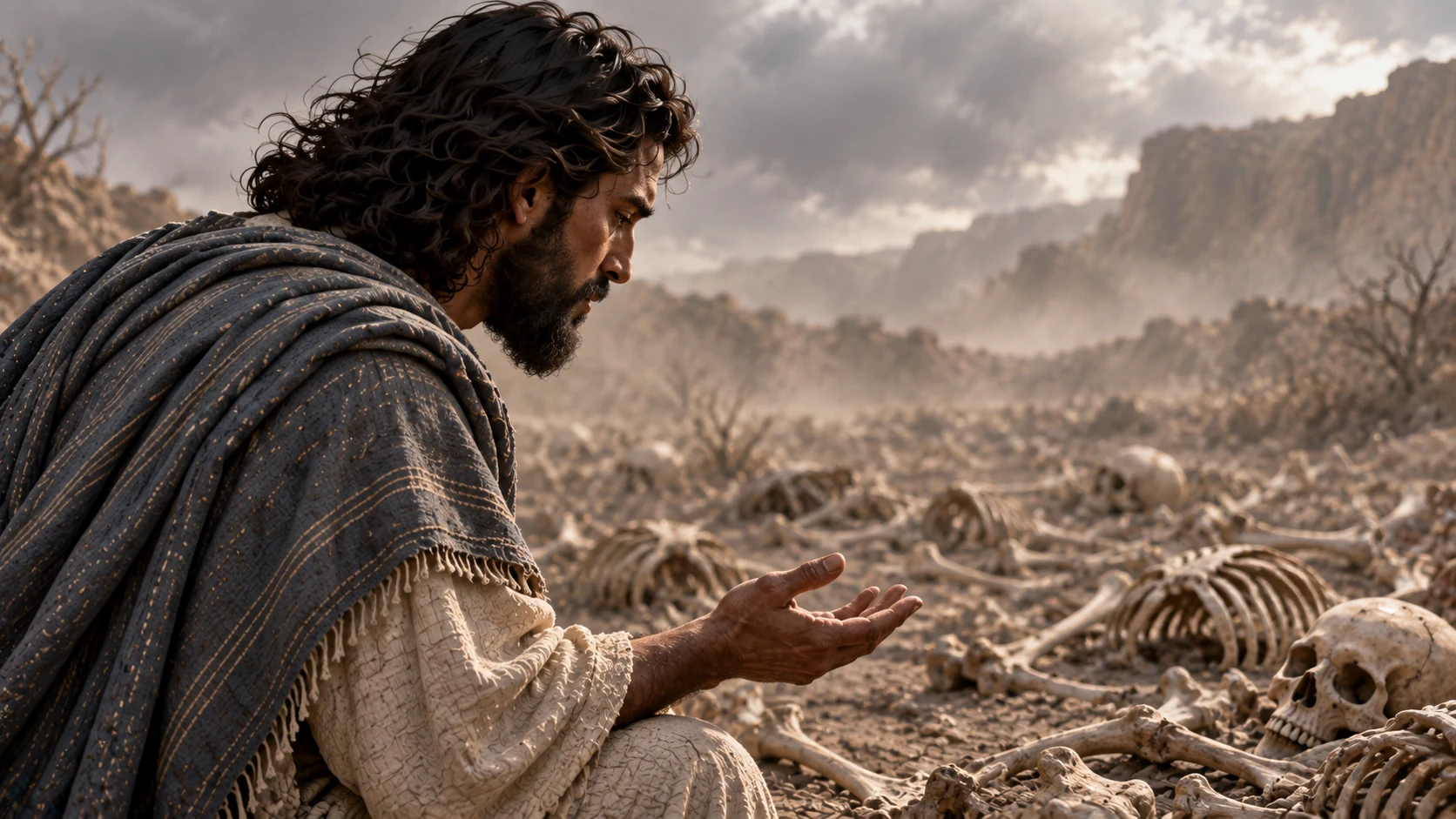 Medium close view of Ezekiel stopping among dry bones, his face thoughtful and humbled; no visible speaker or written dialogue