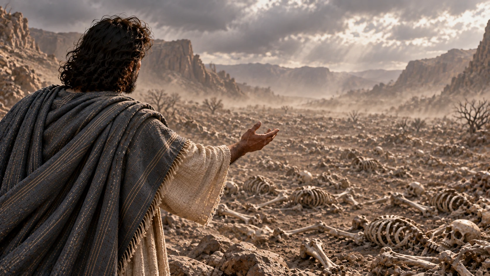 Ezekiel stands in a different rear three-quarter view and addresses the silent valley, with no text hovering over bones
