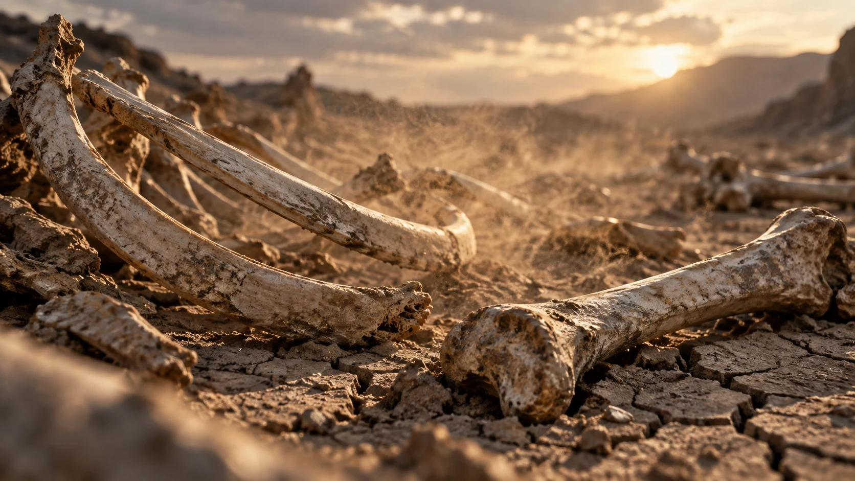 A still dry-bone foreground beneath a moving wind over the valley; future life is promised, not prematurely depicted as accomplished