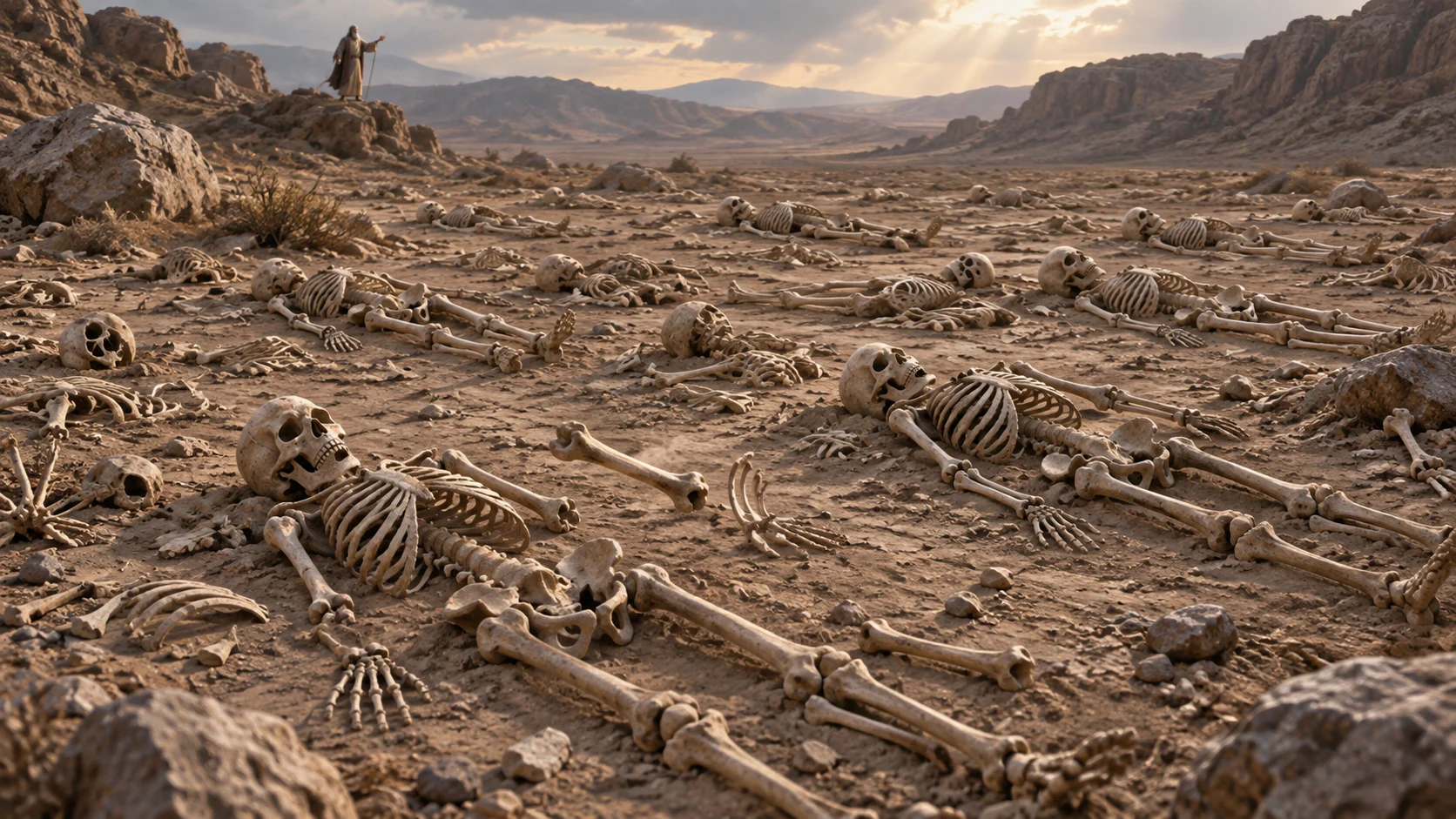 At the sound of prophecy, individual intact bones visibly draw together into coherent skeletal forms on the valley floor, restrained and non-gory