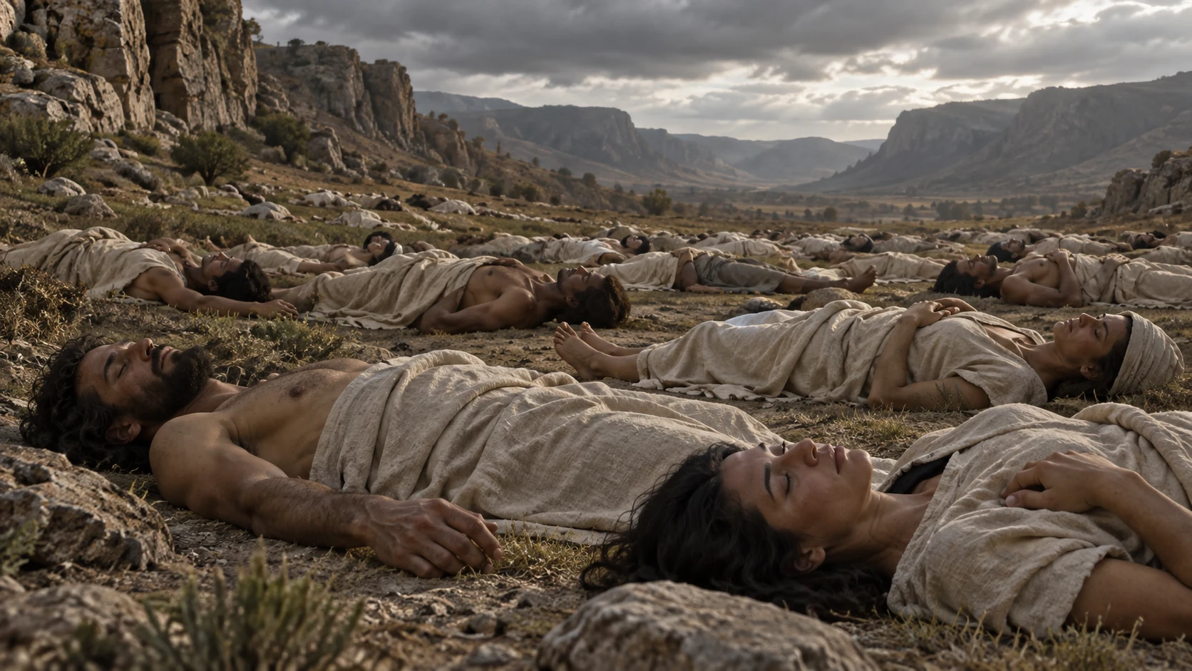 Wide view of fully covered, unbloodied human forms lying motionless in the valley, not yet risen; no horror staging