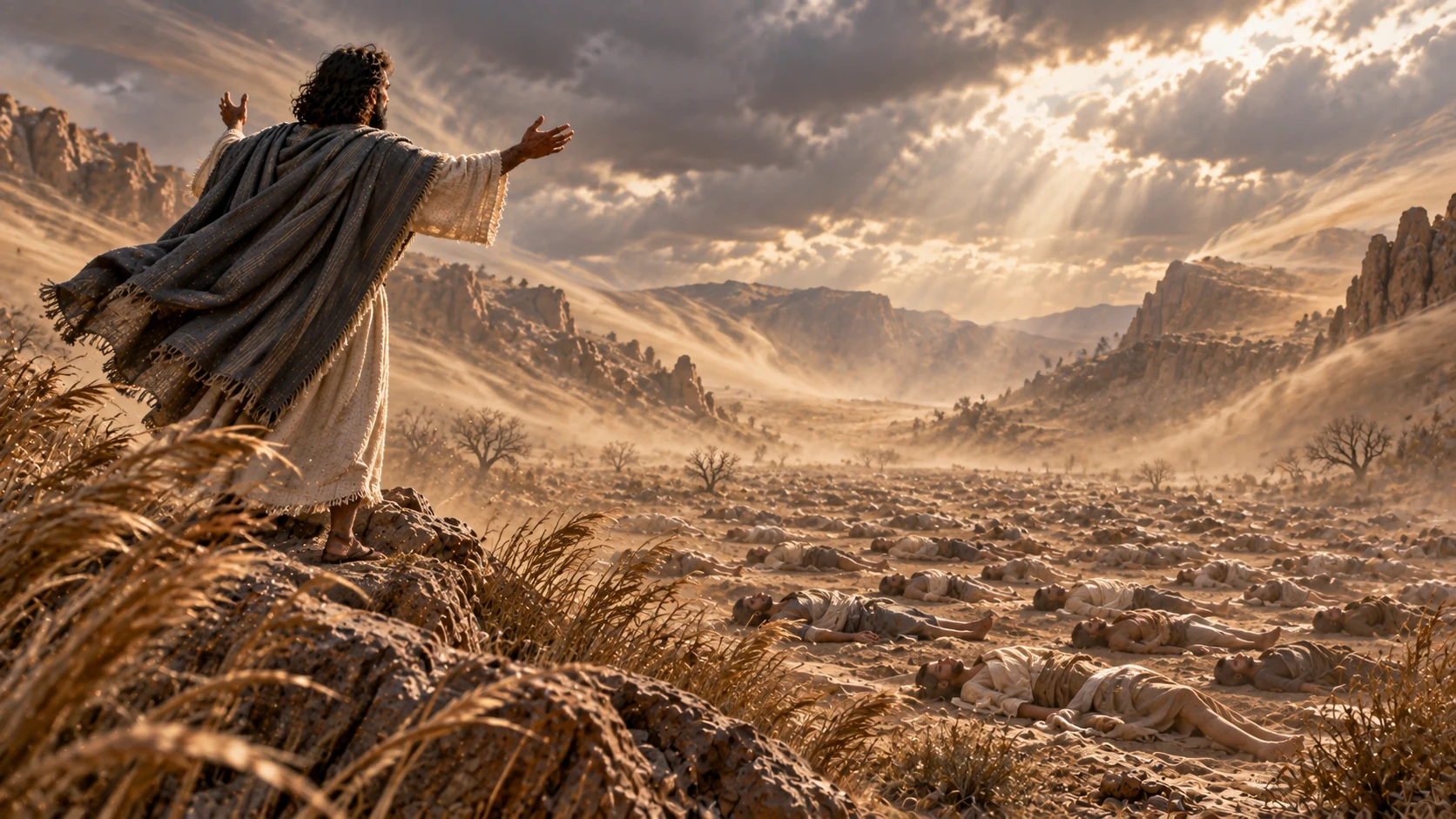 Ezekiel raises his voice into a broad windswept valley; air currents in dust and reeds move from several horizons, no ghost or divine body