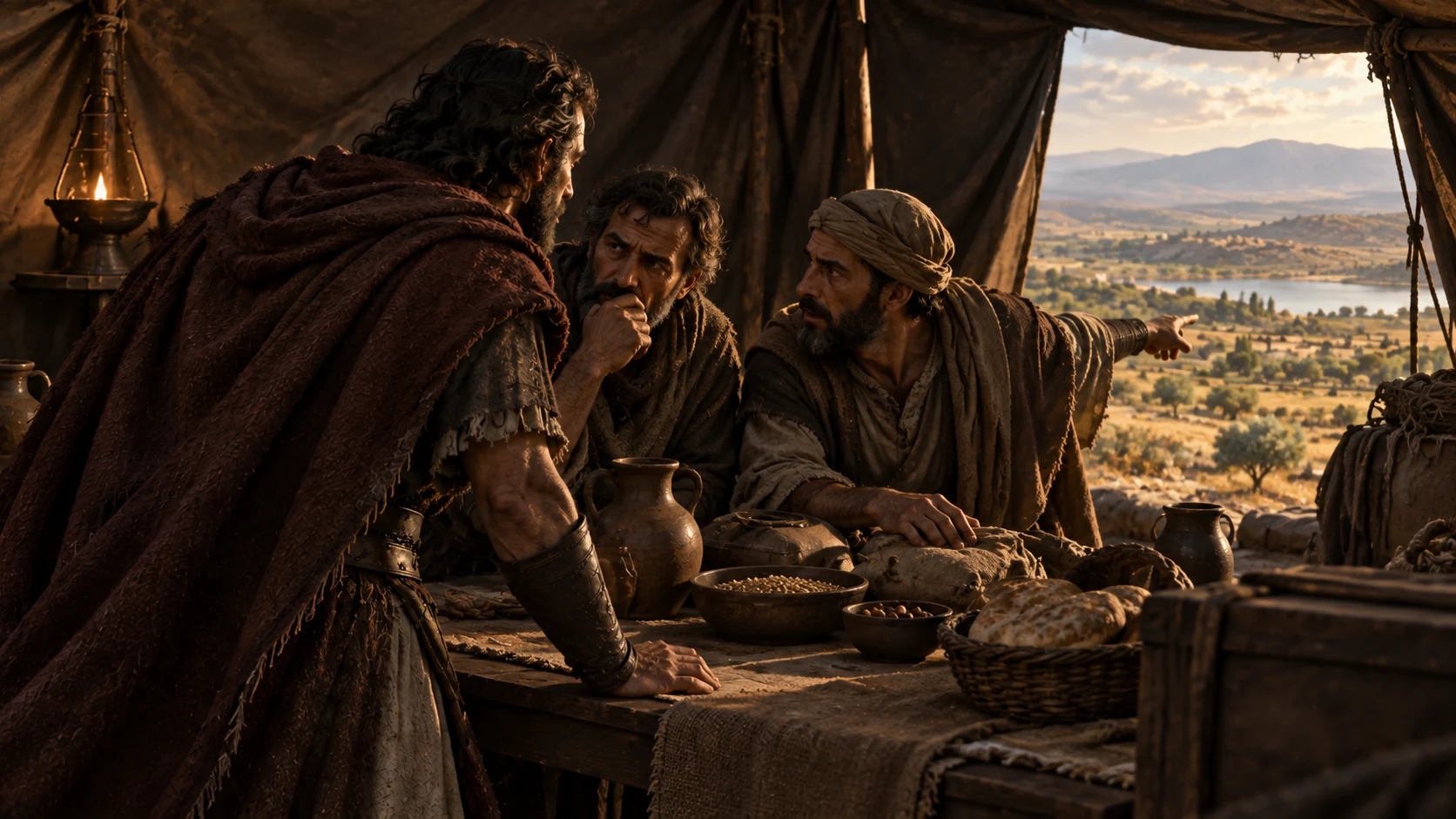 Anonymous commander leans over supplies and listens to close advisers in a dim camp; no written battle map or invented quoted text