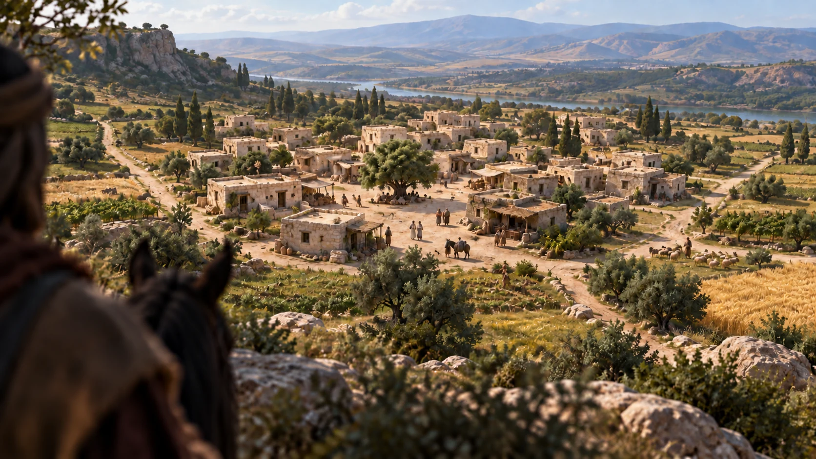Ground-level view of ordinary open Israelite homes, gates absent by their peaceful design, with no victims or attack yet