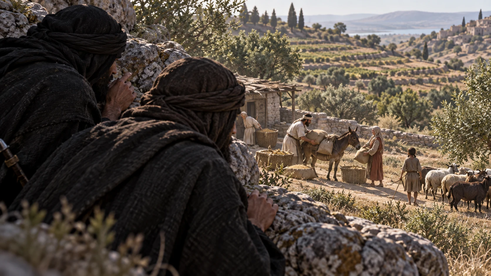 Anonymous raiders eye ordinary livestock and goods across a distant valley, with no actual theft yet; people remain safe in frame