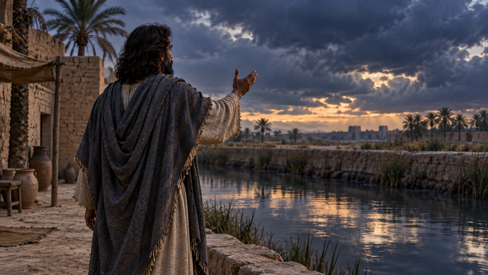 Ezekiel beside the exile canal addresses the oracle while Israel’s secure dwellings appear as interpretive distant imagery
