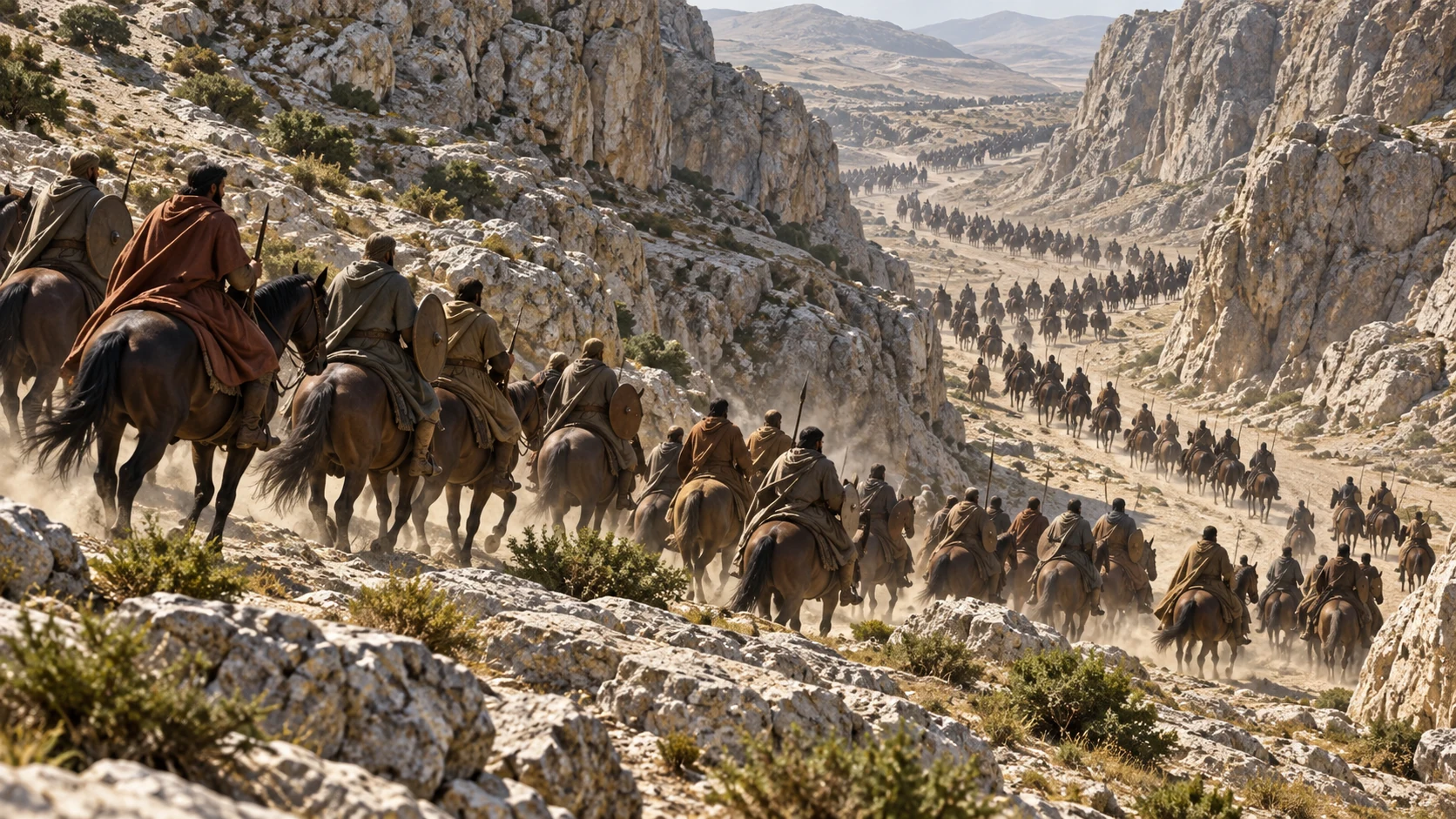 A distant elevated view shows numerous ancient horsemen traveling south across a broad ridge, without modern ethnic coding