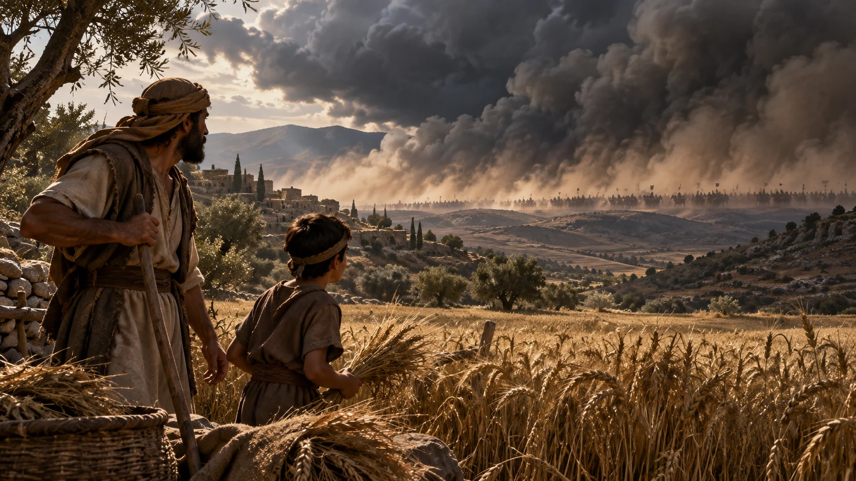 From within Israelite fields, a huge distant dust-and-cloud front with riders approaches; no assault or harm shown yet