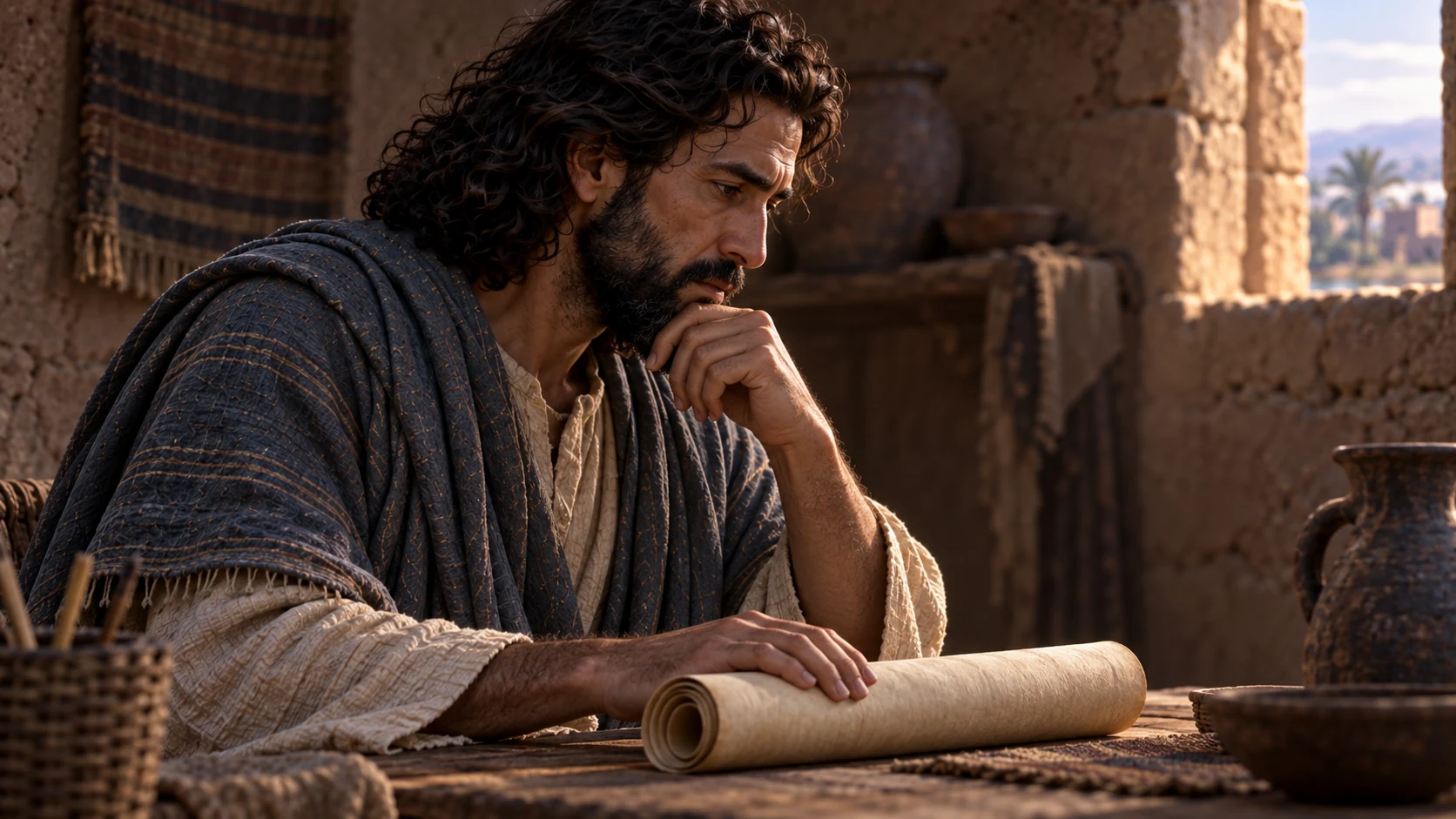 Ezekiel holds a plain uninscribed scroll in exile and reflects on prior prophetic words; no named invented earlier prophet portrait