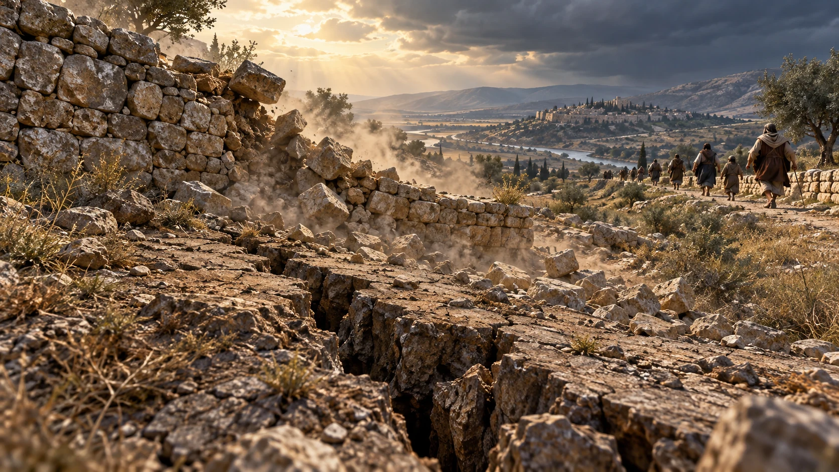 A severe earthquake fractures an empty ridge and low stone wall as people move to safety; no gore or sensational spectacle