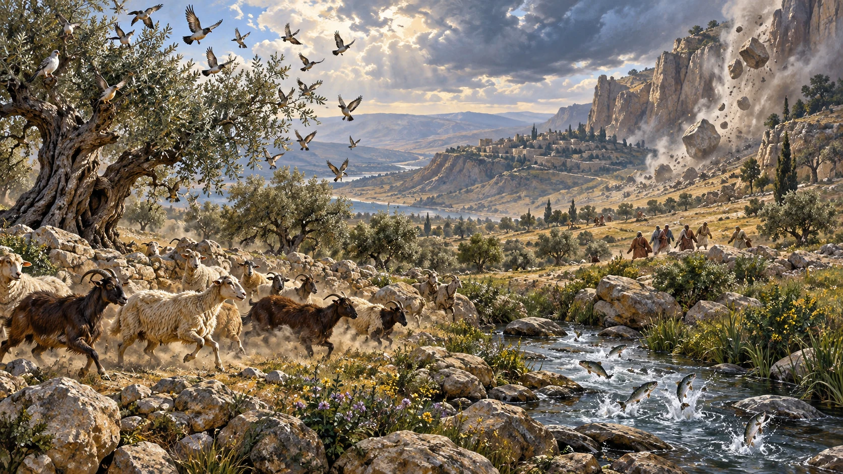Birds lift from trees, animals startle, stone cliffs crumble in a distant panorama, humans small and moving safely; do not collapse all people