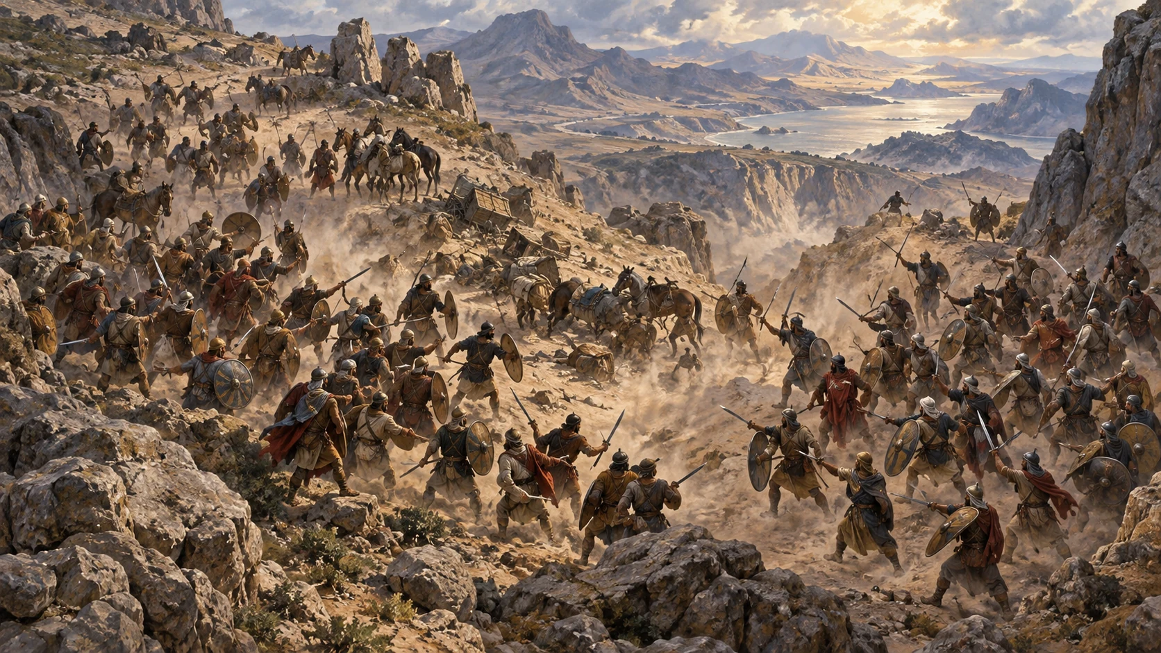 Distant armed men turn against one another amid dust, with no close violence, injury, blood or hero narrative