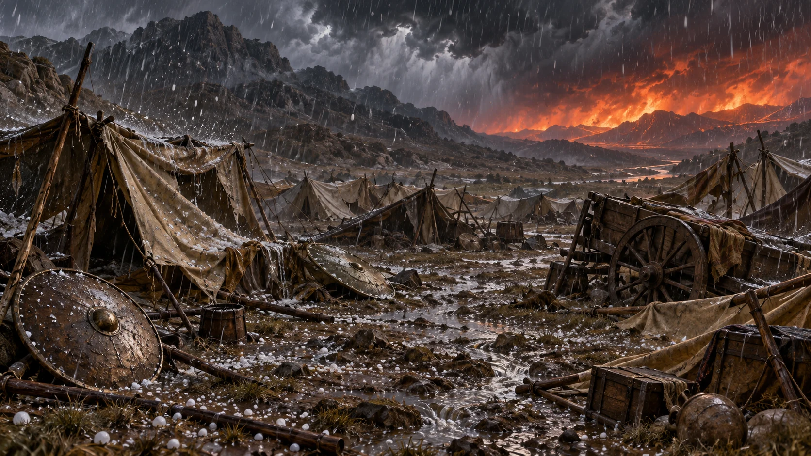 The invaders’ abandoned camp is struck by rain and hail with distant fiery sky color; no bodies, blood, literal sulfur bombs or modern weapon effects
