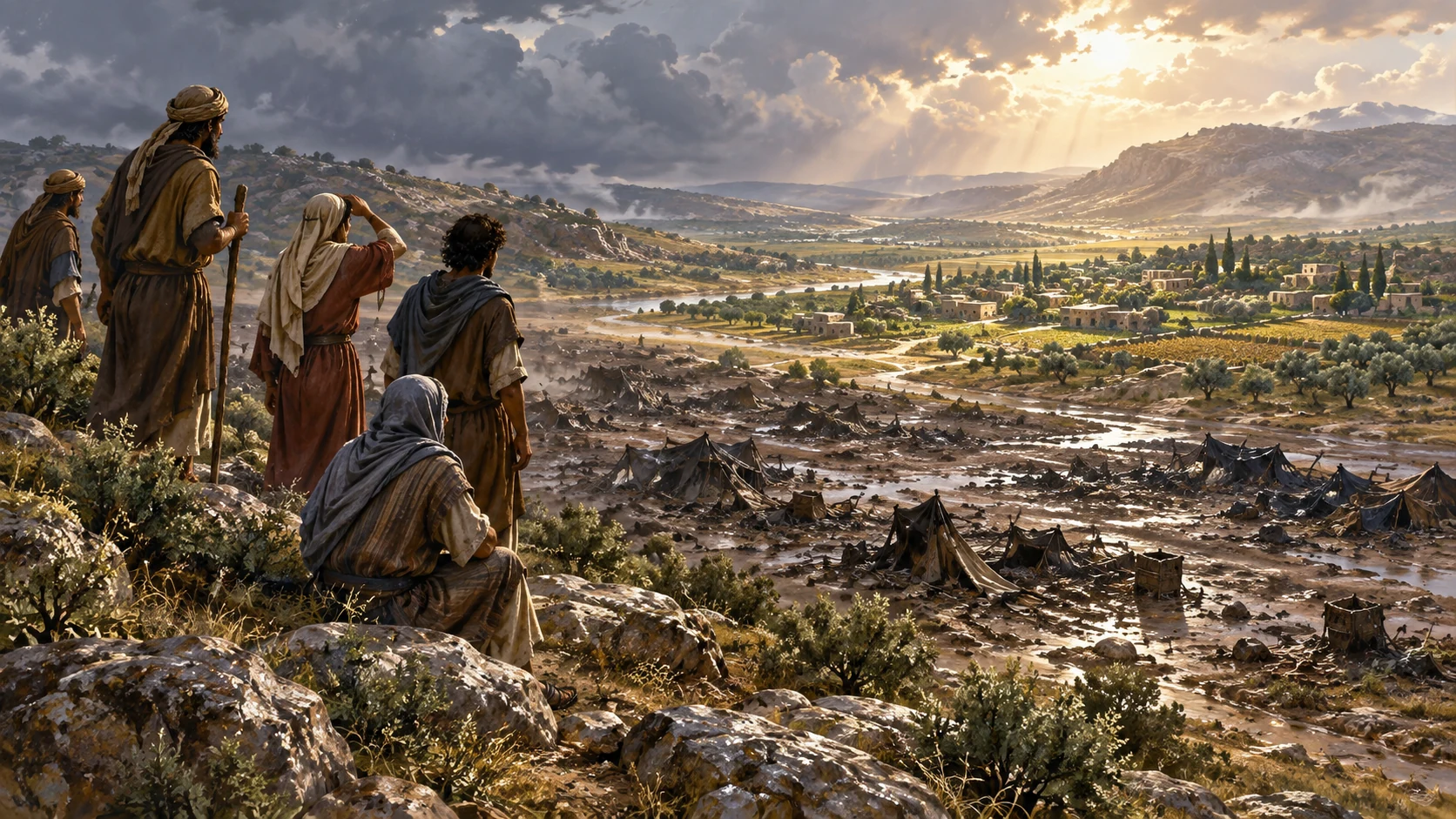 Anonymous neighboring observers stand safely on a far ridge and see storm clear over preserved Israelite land; no embodied Yahweh or celebration of slaughter