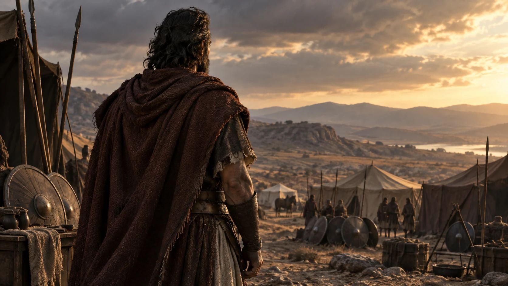 An anonymous ancient commander stands with back to camera in a modest old-world camp, without ethnic coding or invented portrait; oracle remains from Yahweh