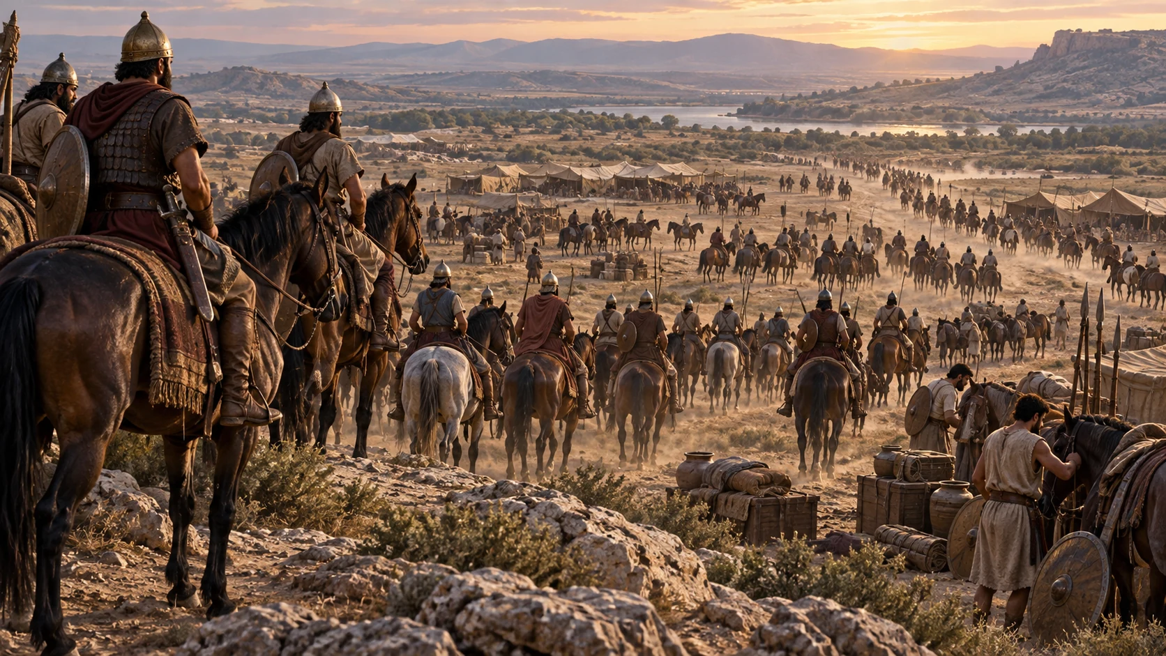 Horsemen, shields and plain ancient weapons assemble from a ridge view; the hooks-in-jaws phrase is not bodily depicted