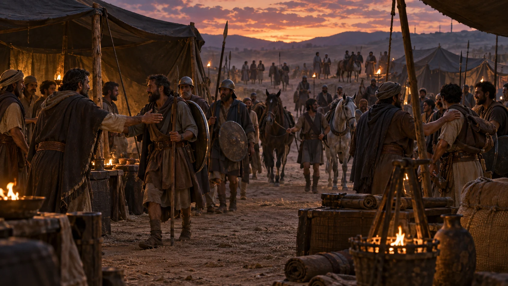 A varied coalition of anonymous ancient travelers and armed detachments approaches camp from multiple directions, no modern flags or ethnic stereotypes