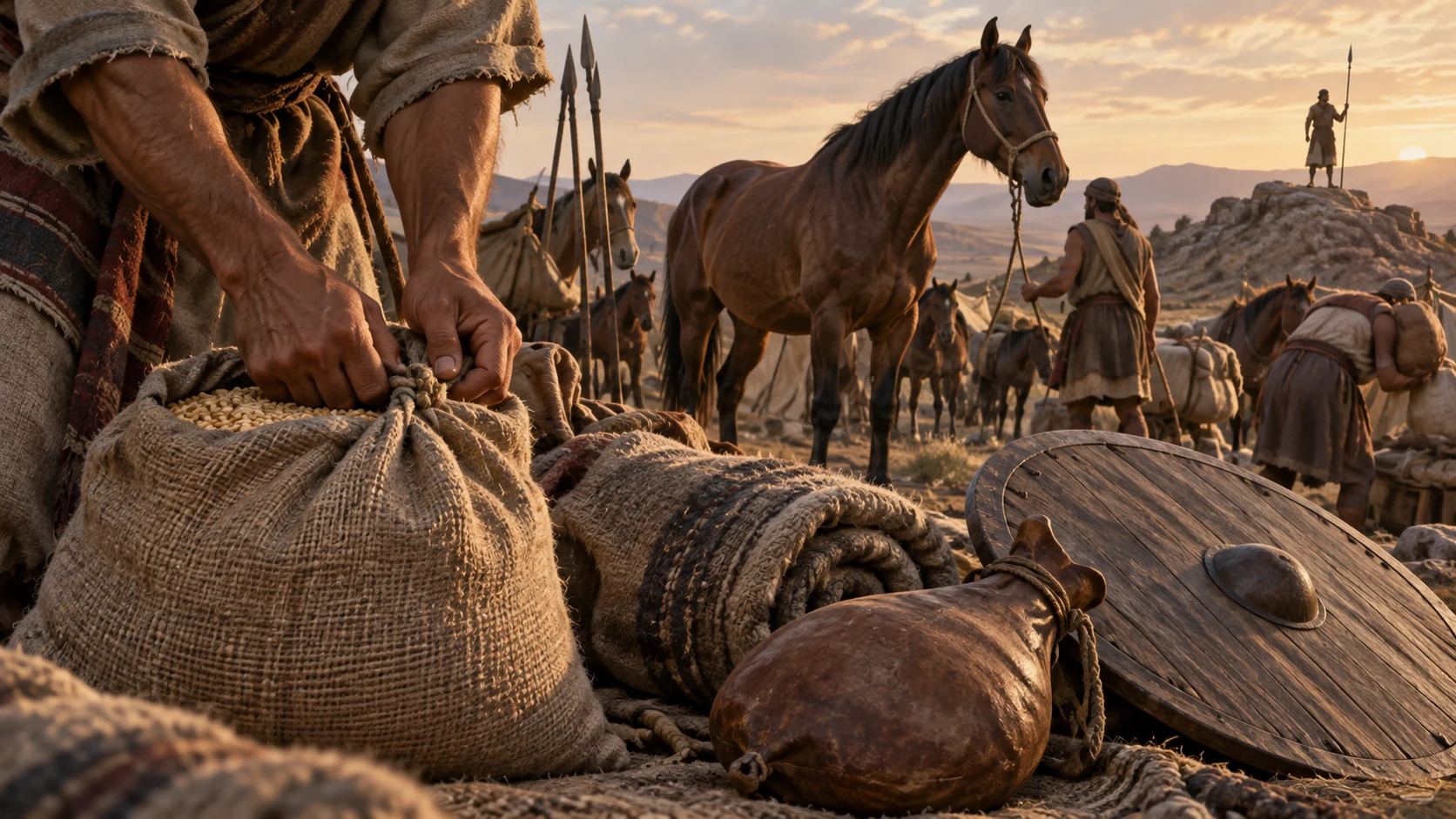 Camp workers make ready plain shields and provisions as a sentry watches the approach, no invented battle