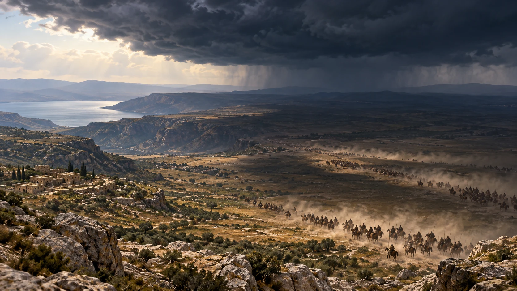 High long-shot of mounted coalition advancing beneath an actual broad cloud shadow, with open land below; no supernatural war machine