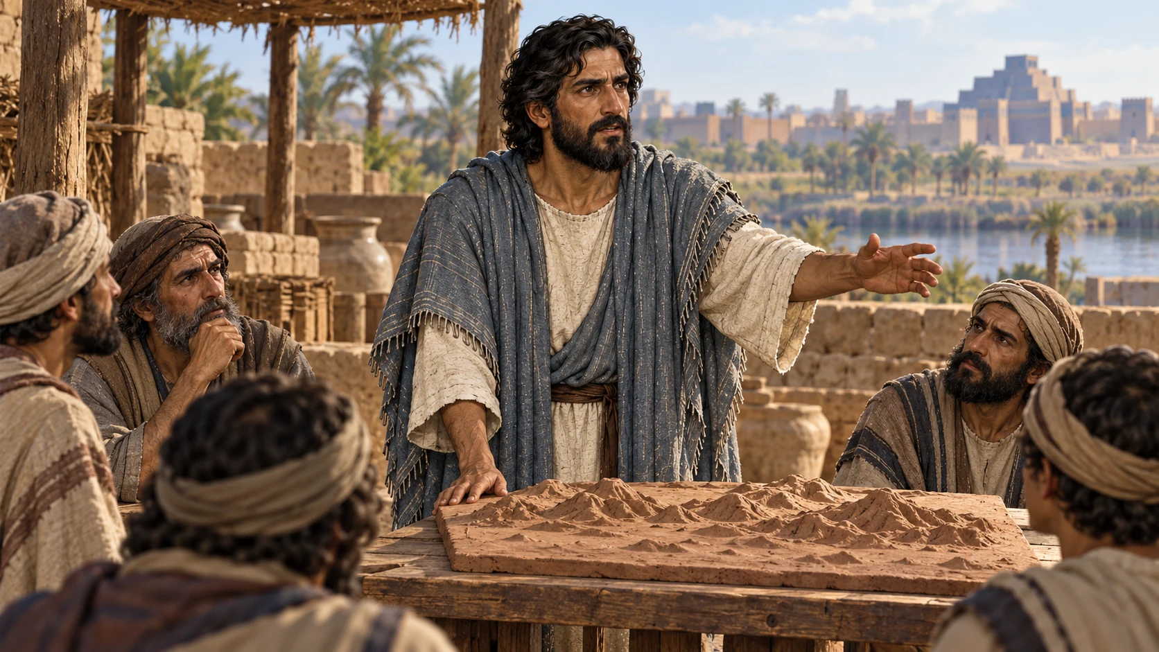 Canonical Ezekiel in a blue-gray mantle speaks among exiles over an unlettered clay relief; Gog is unseen.