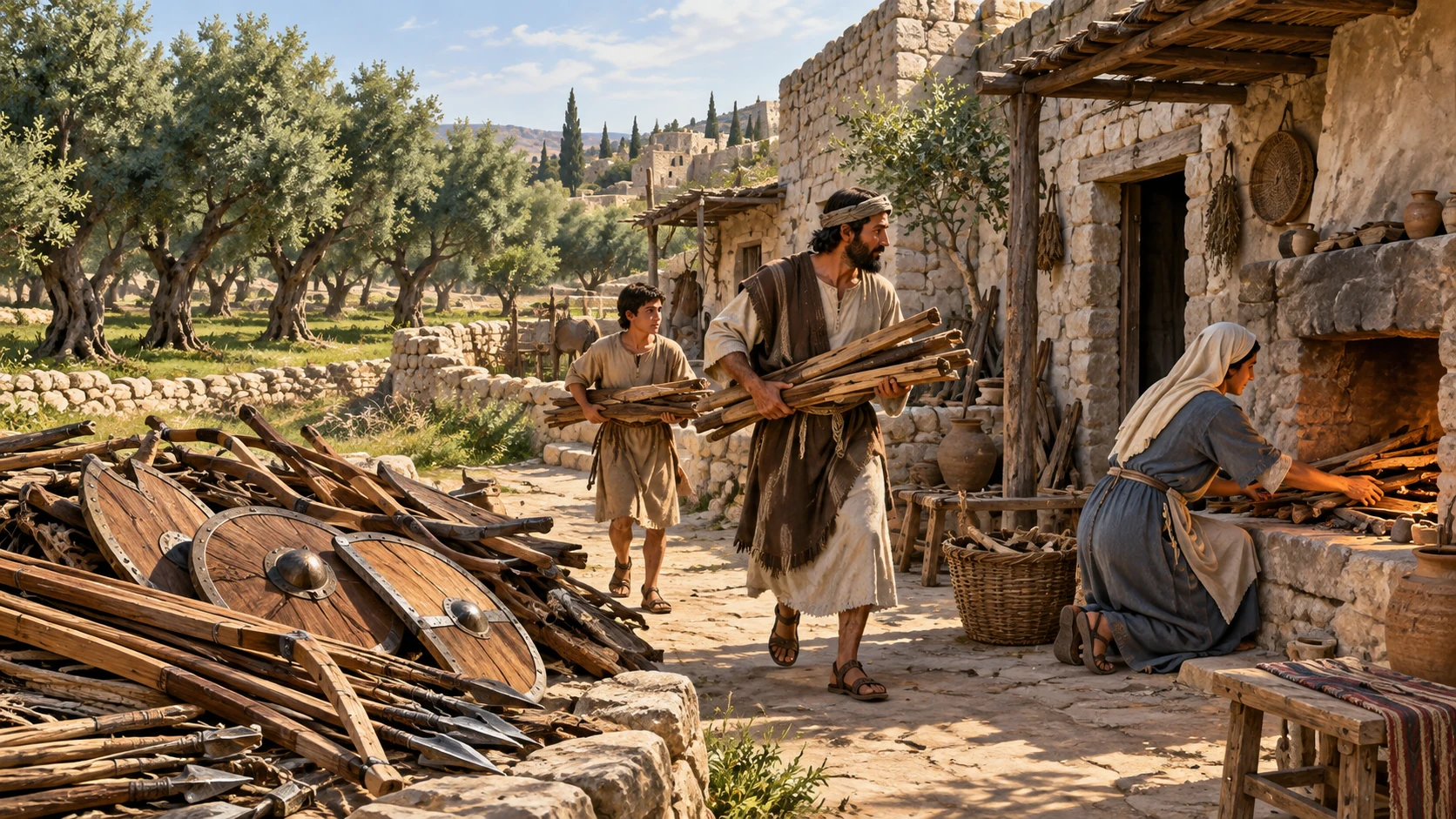 People carry dismantled weapons past olive trees toward a modest cooking fire; no forest is cut.