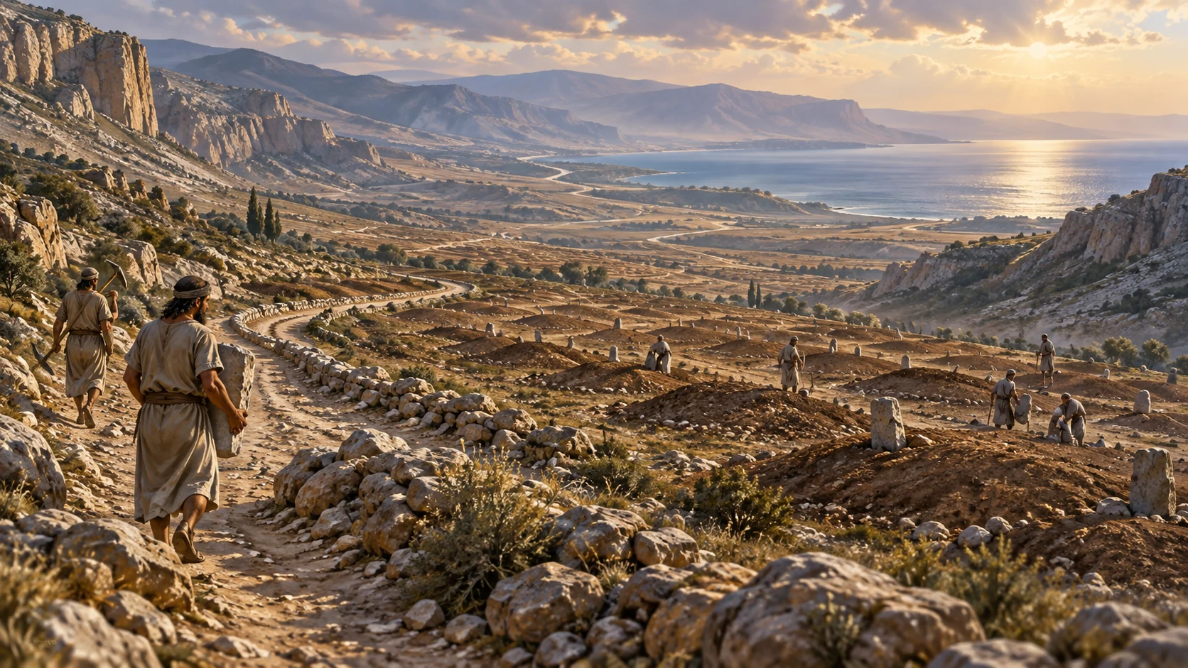 A broad empty valley seen from a ridge, with simple stakes and a lone surveyor.