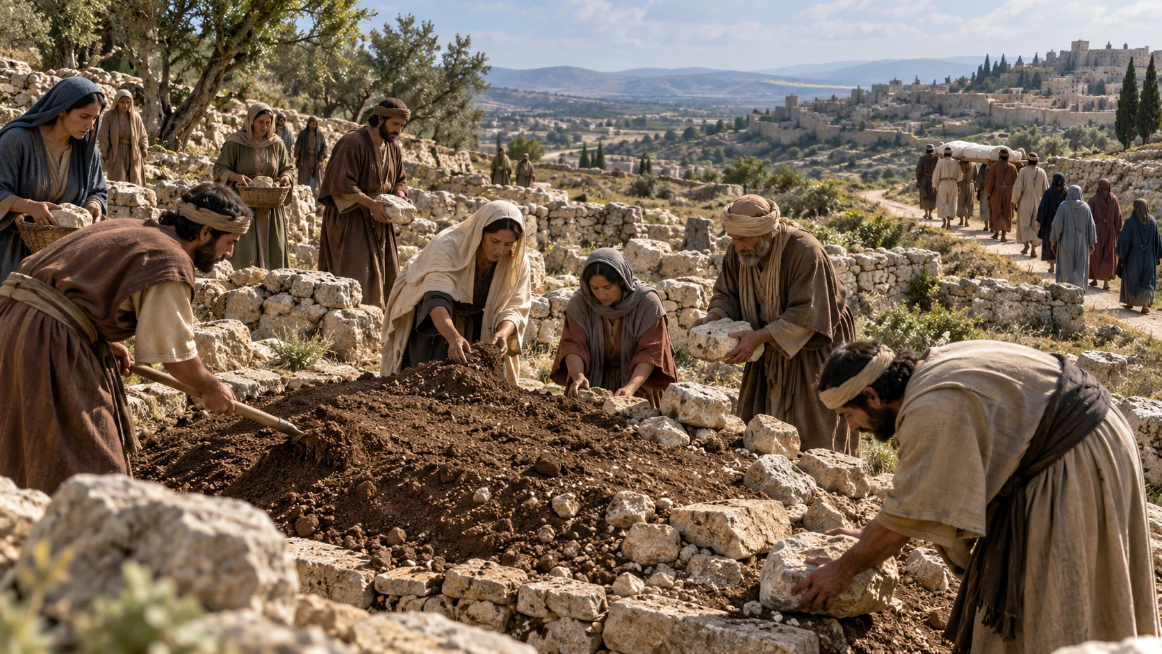 Anonymous neighbors respectfully fill a grave with earth, with no bodies visible.