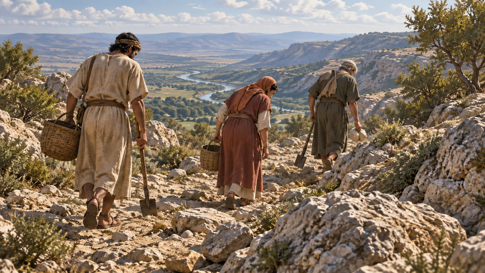 Search workers cross rocky ground carrying baskets and spades.