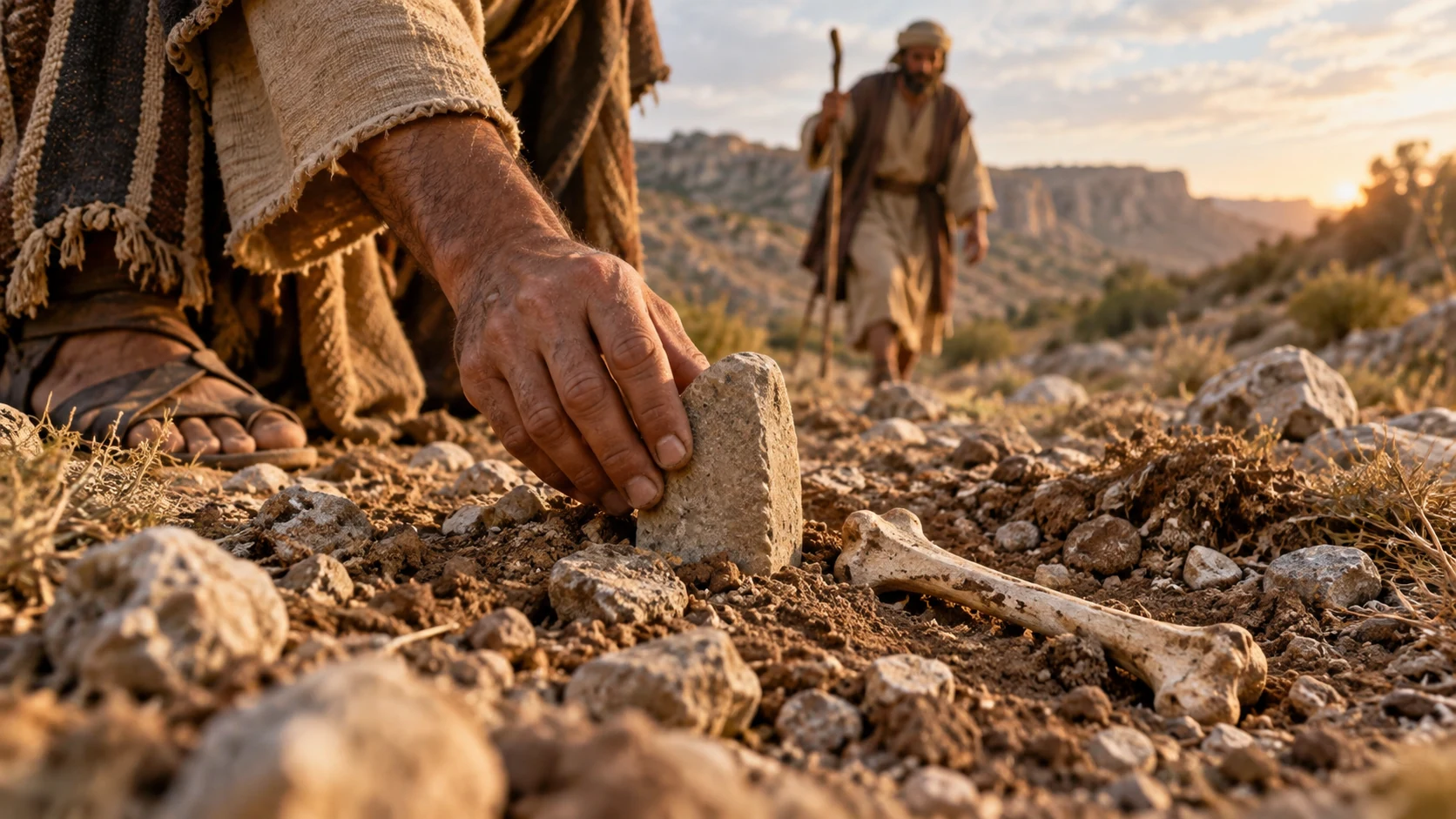 A hand sets an unlettered stone marker beside a small bone in the earth.