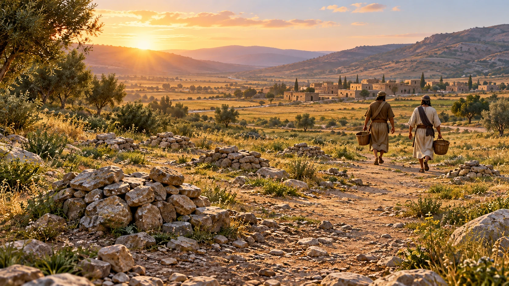 Workers leave a clean stony valley in evening light; no bodily remains are displayed.