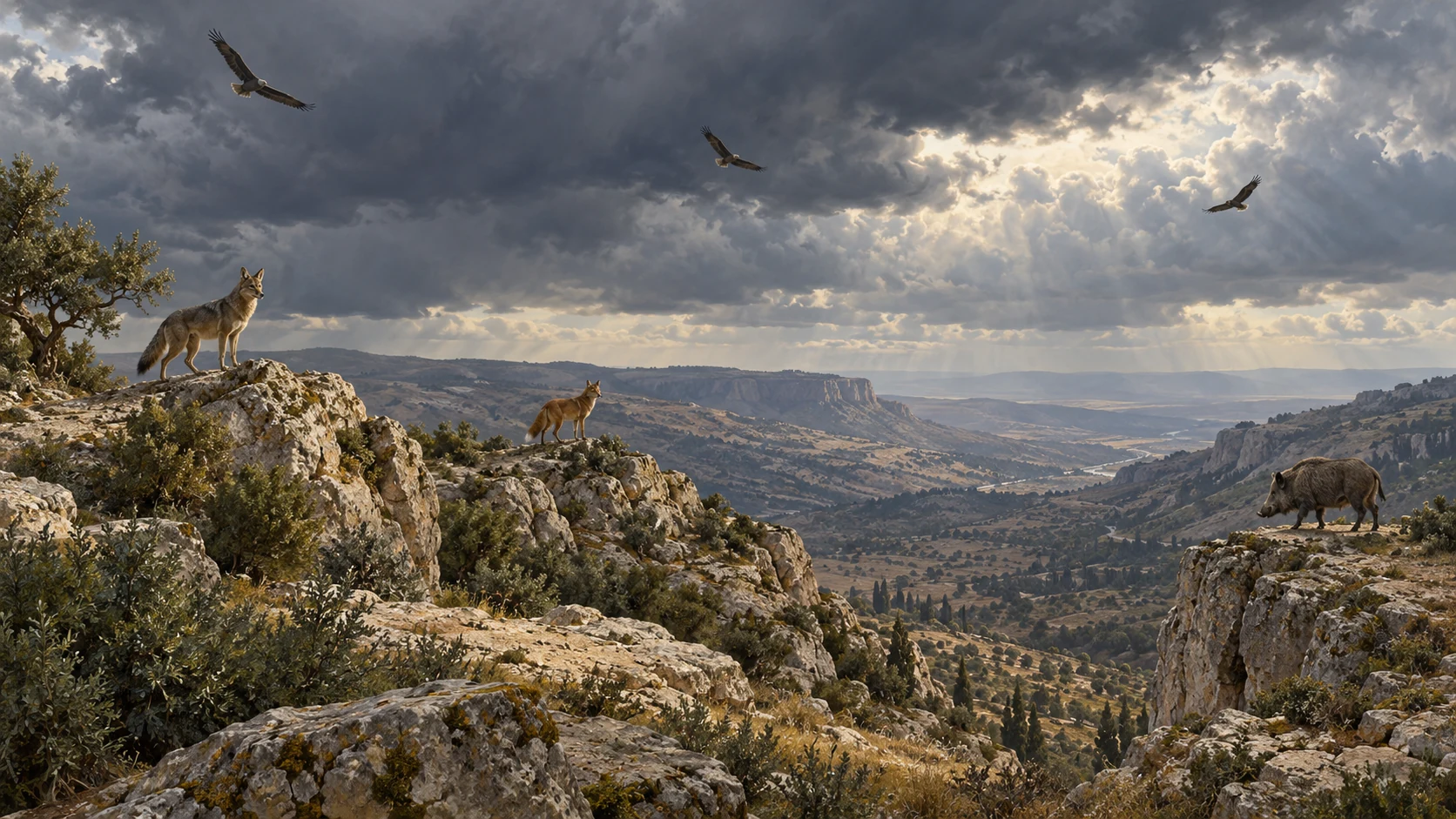 Distant birds gather over high rocks beneath a clouded sky, not feeding.