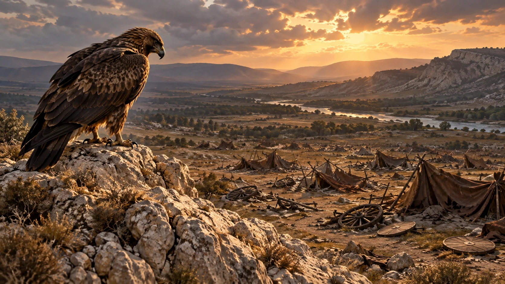 A single large bird watches from a ridge over a far-off deserted camp; no flesh or blood appears.