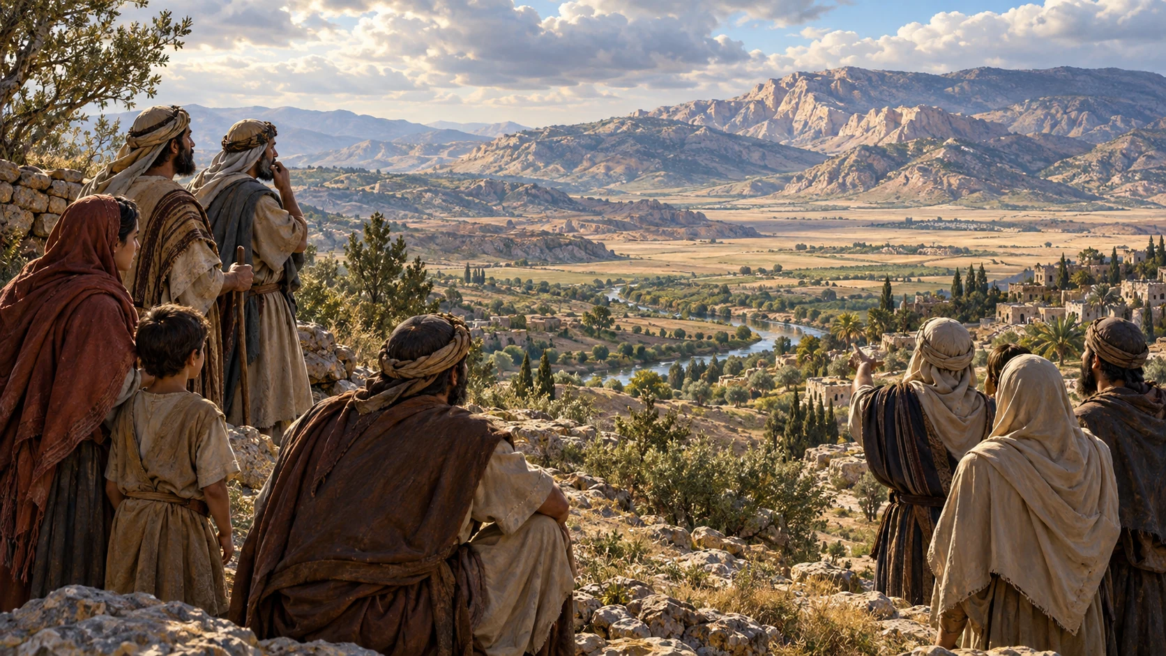 Groups of Israelite families and distant neighbors face an open valley in sober recognition.