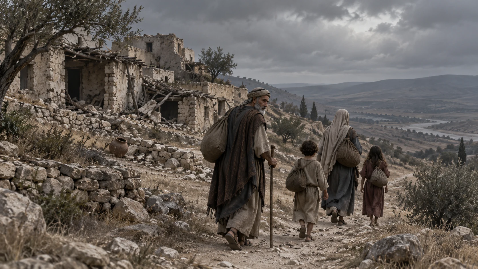 Exiles, including a child, walk past ruined stone buildings under a gray sky.