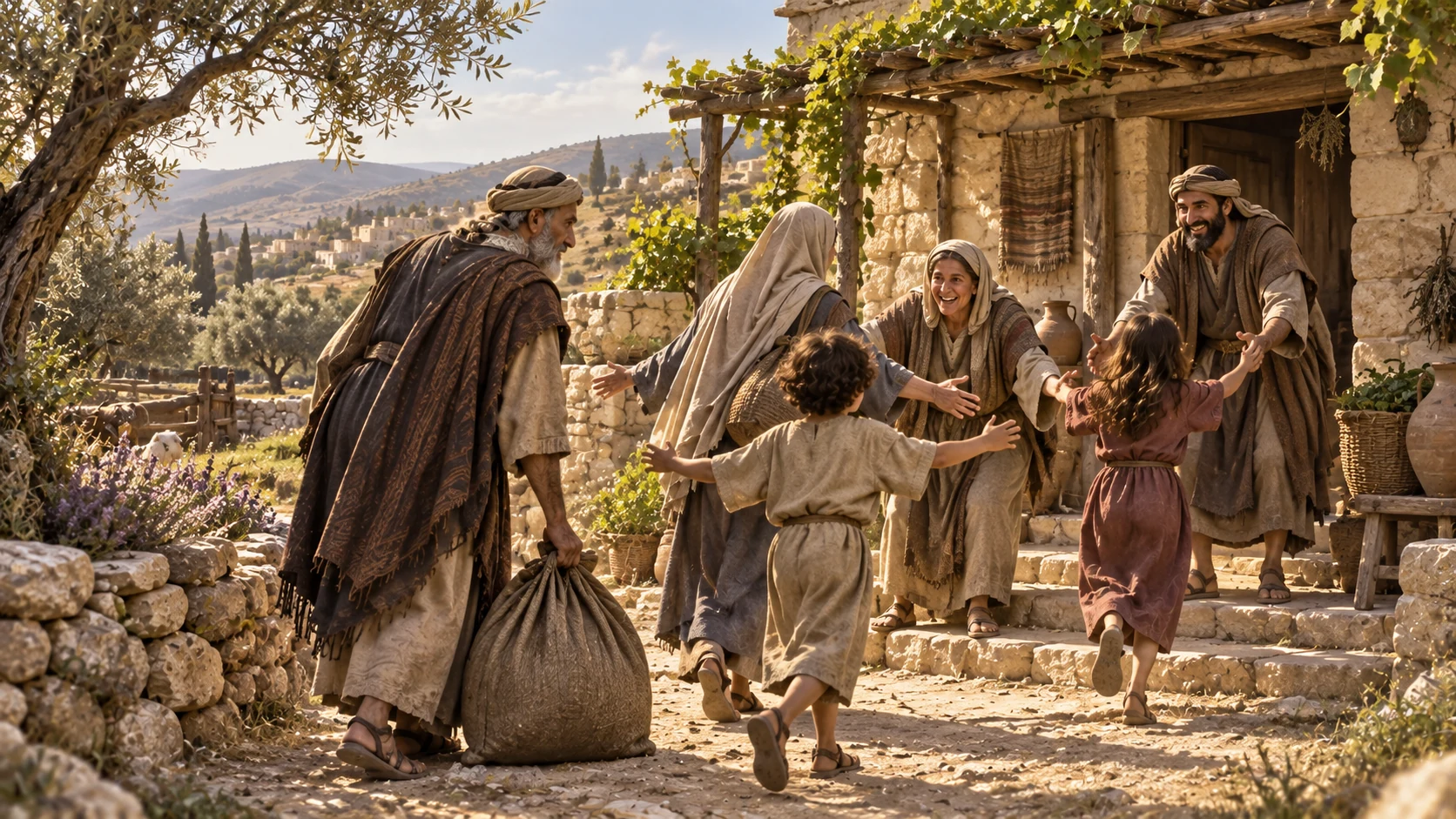 A returning family is received by neighbors at a modest village doorway.