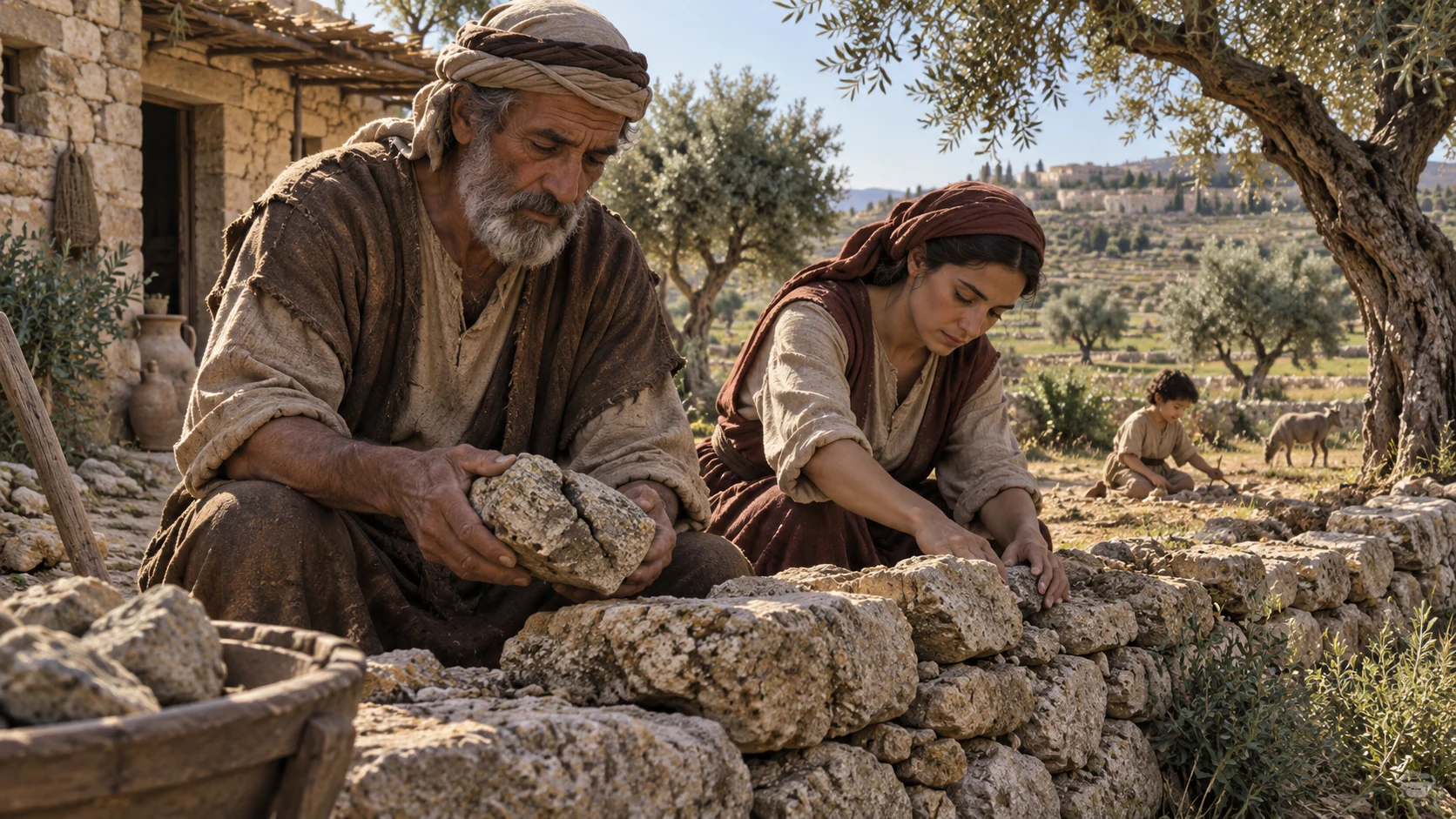 An older man and child carefully reset stones in a quiet rebuilt settlement.