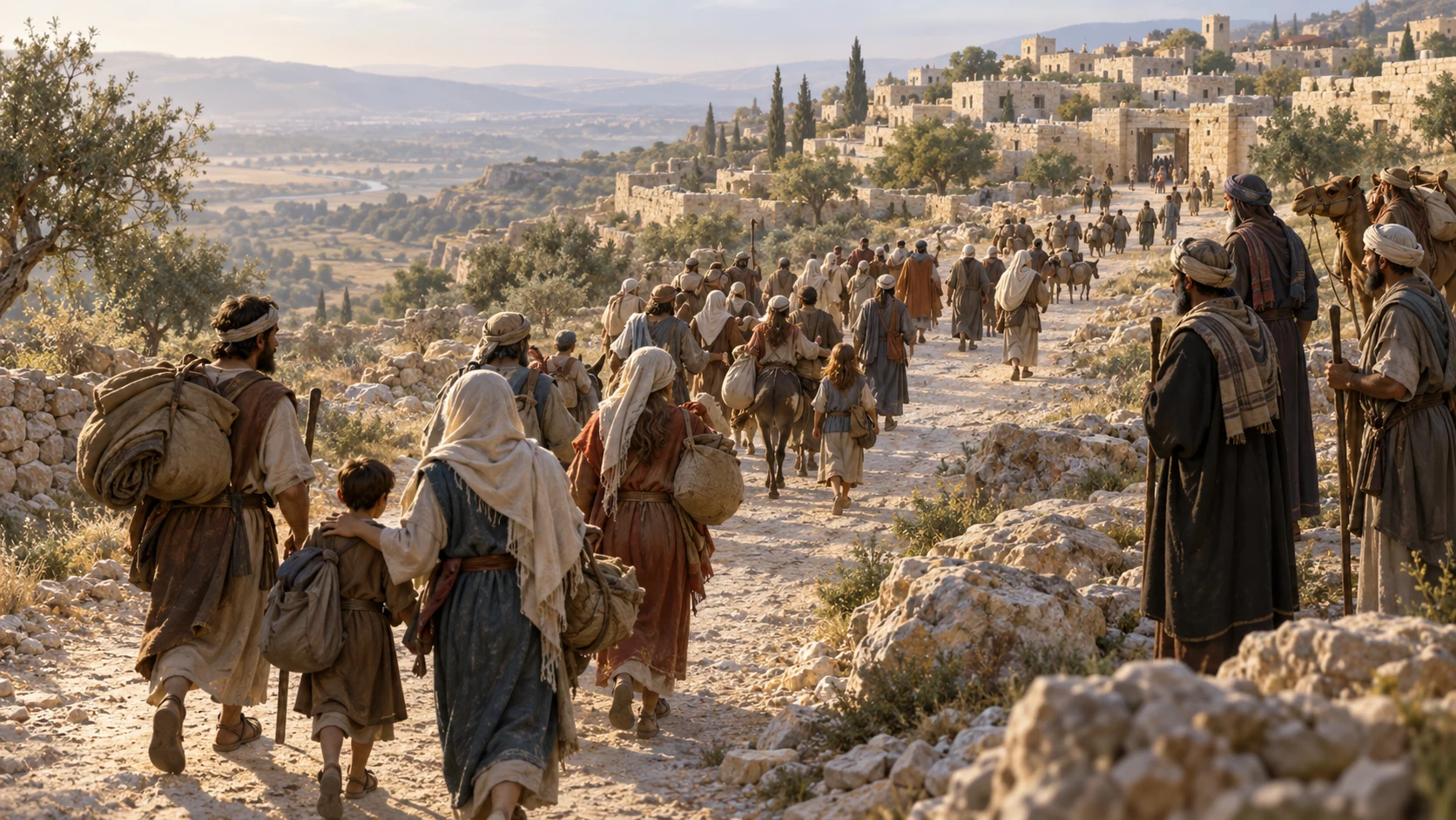 A long procession of families walks home along an ancient hill road.